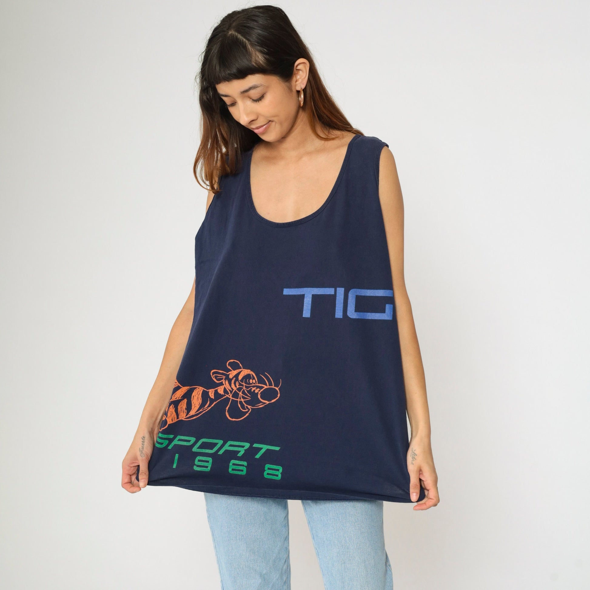 90s Disney Store Tigger Sport Tank Top Navy Graphic Scoop Neck Extra Large XL