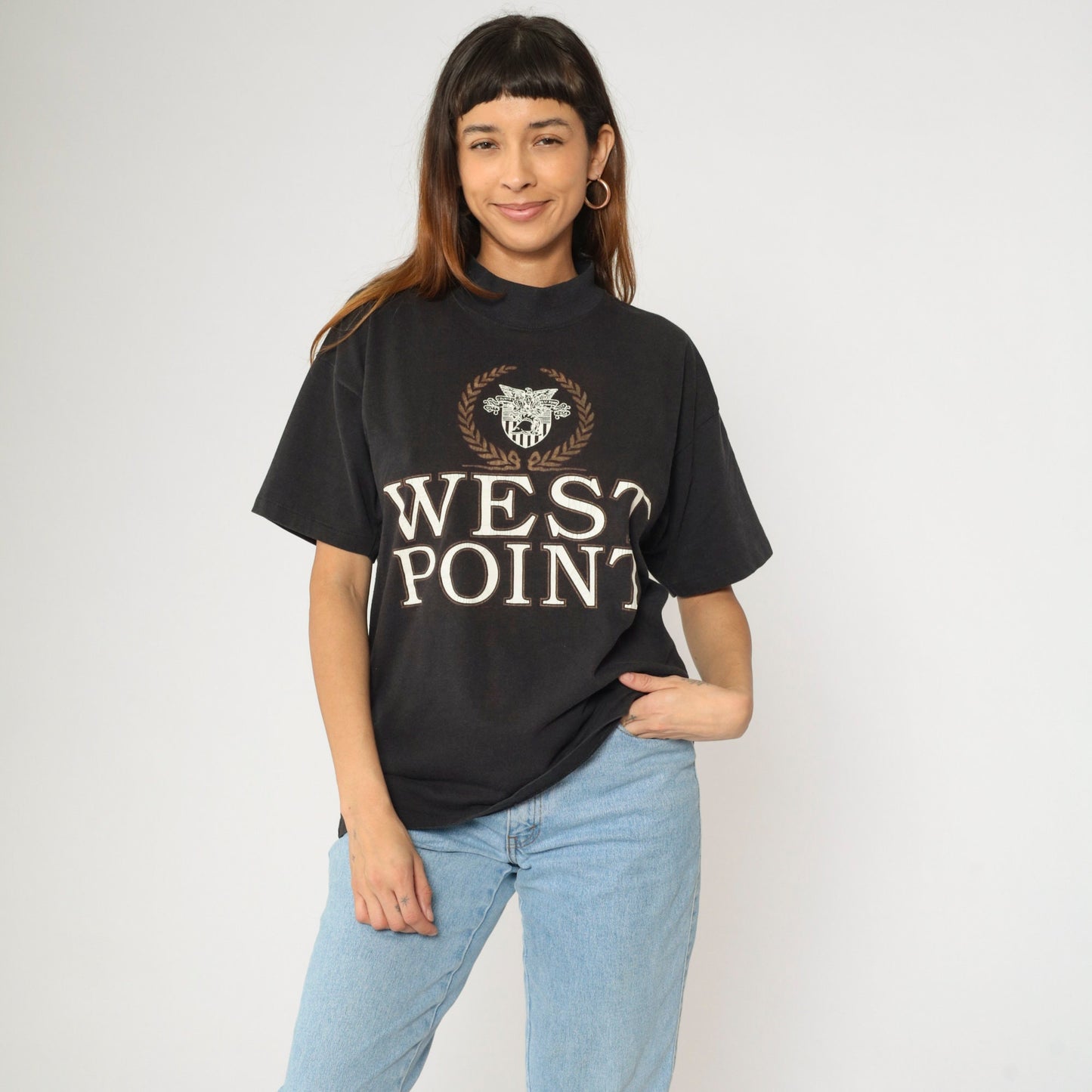 90s West Point Military Academy Black Mock Neck Graphic Tee Medium