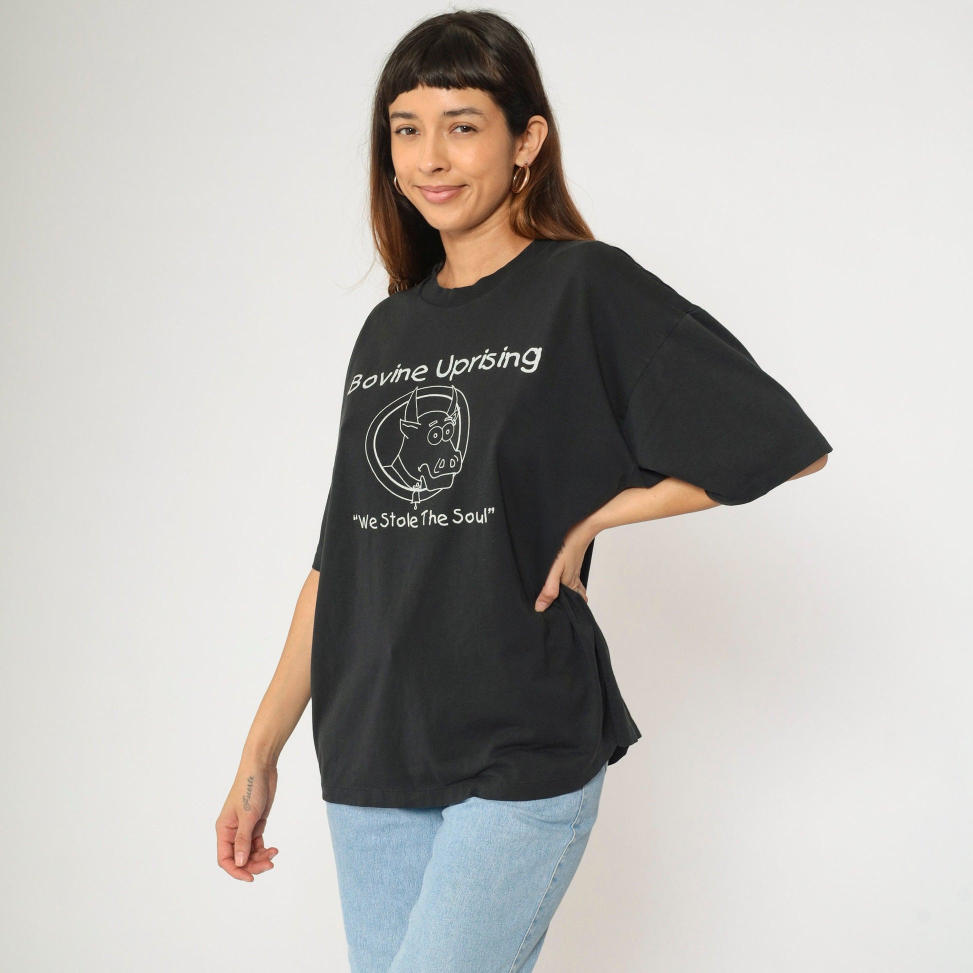 90s Bovine Uprising Graphic T-Shirt Black Cow Punk Tee Extra Large XL