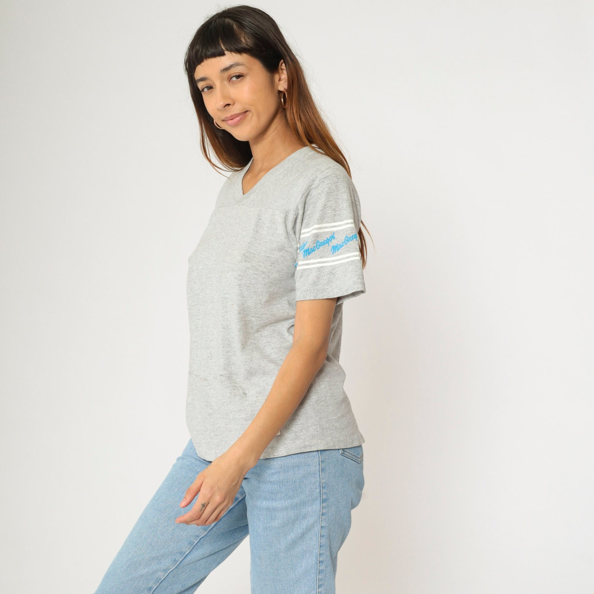 80s MacGregor V-Neck T-Shirt Grey Spellout Sleeve Tee Medium