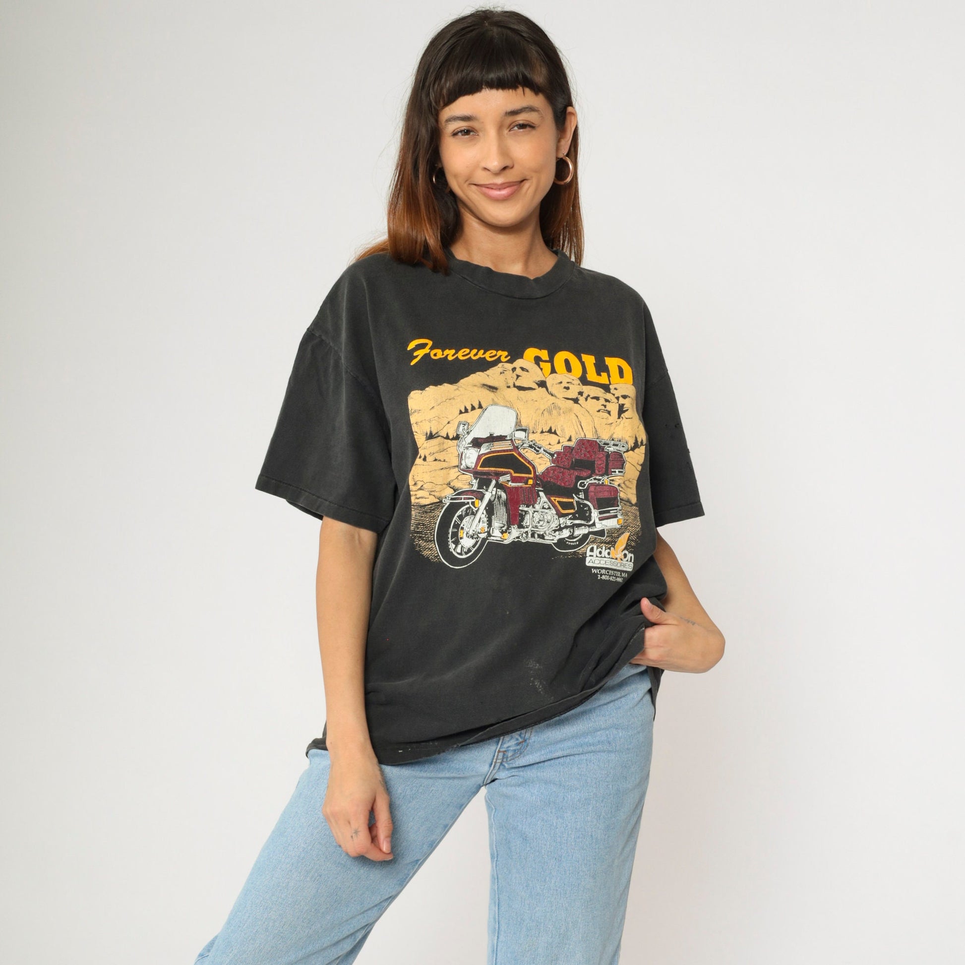 90s Mount Rushmore Forever Gold Motorcycle Graphic Tee Black Cotton Extra Large