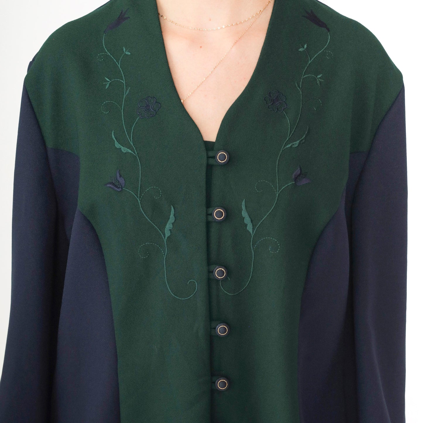 90s Pride & Joy Floral Embroidered Color Block Blouse Green Navy Large Petite