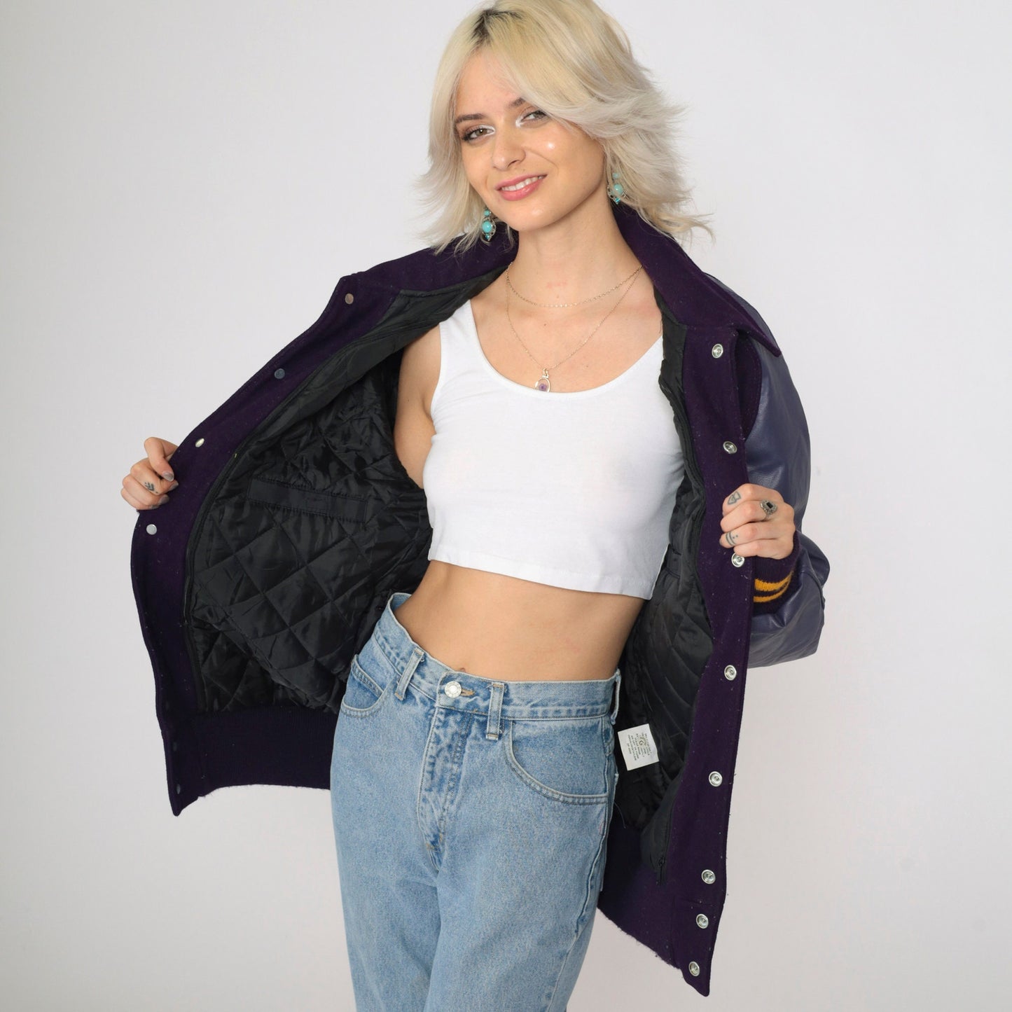 00s Neff Wool Varsity Jacket Purple Faux Leather Sleeves Magic Lamp Small