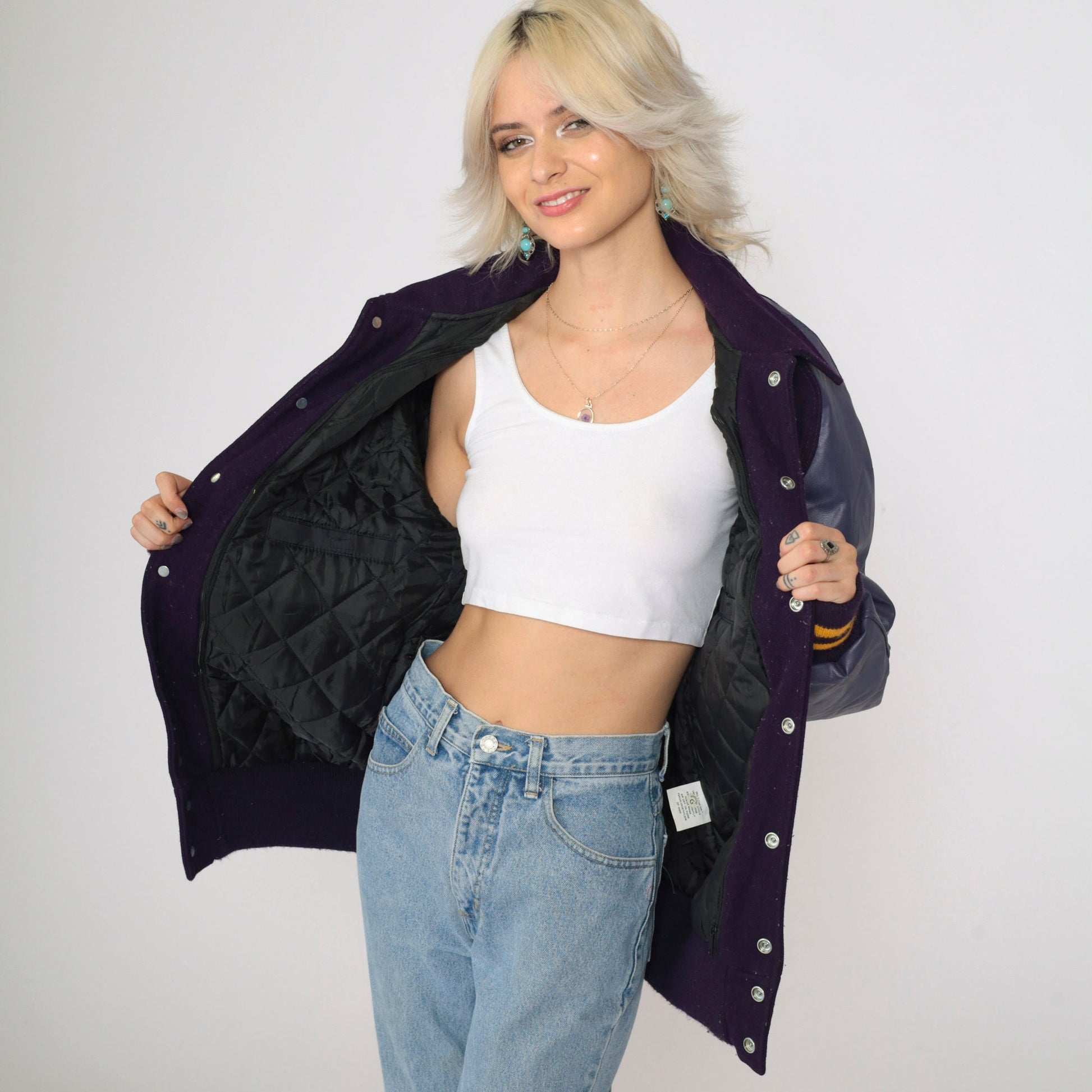 00s Neff Wool Varsity Jacket Purple Faux Leather Sleeves Magic Lamp Small