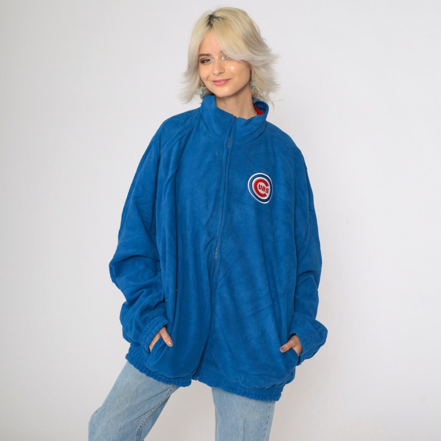 Chicago Cubs Reversible Windbreaker Fleece Jacket Red Blue Color Block XXL