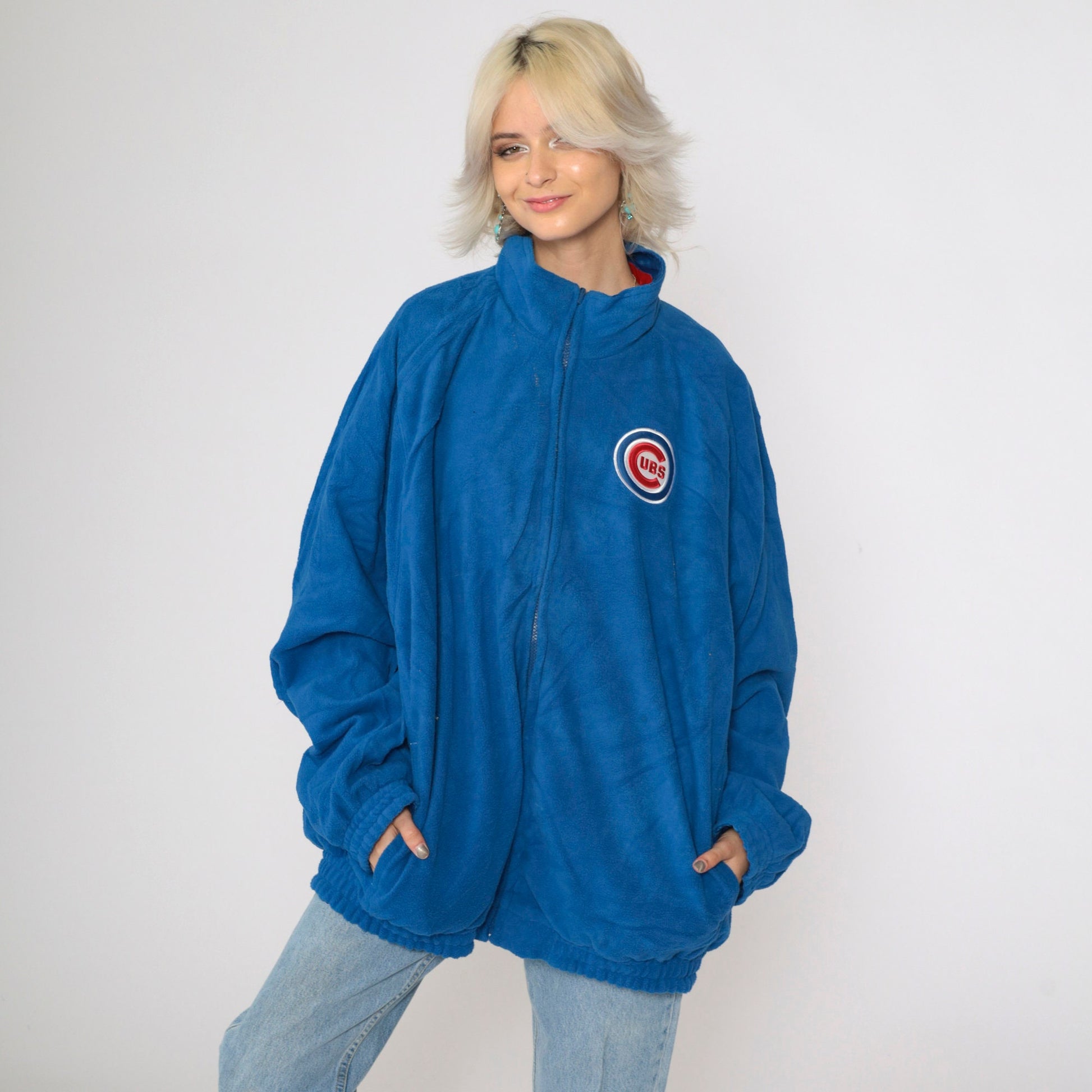 Chicago Cubs Reversible Windbreaker Fleece Jacket Red Blue Color Block XXL