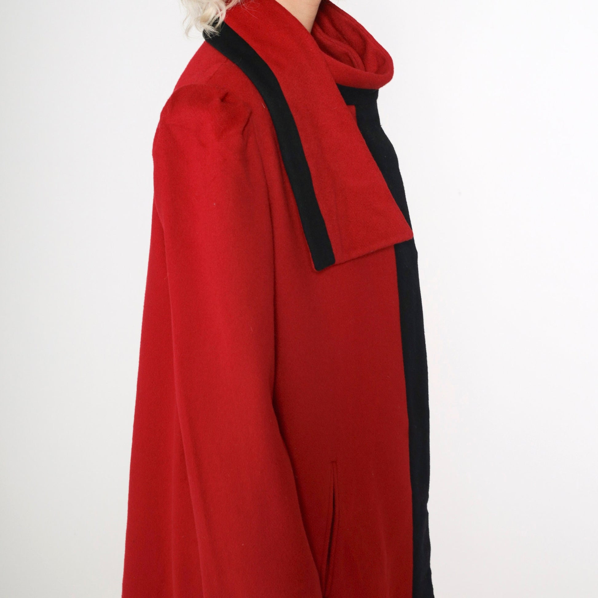 80s Alorna Wool Coat Red Black Trim Long Overcoat Puff Sleeve Medium