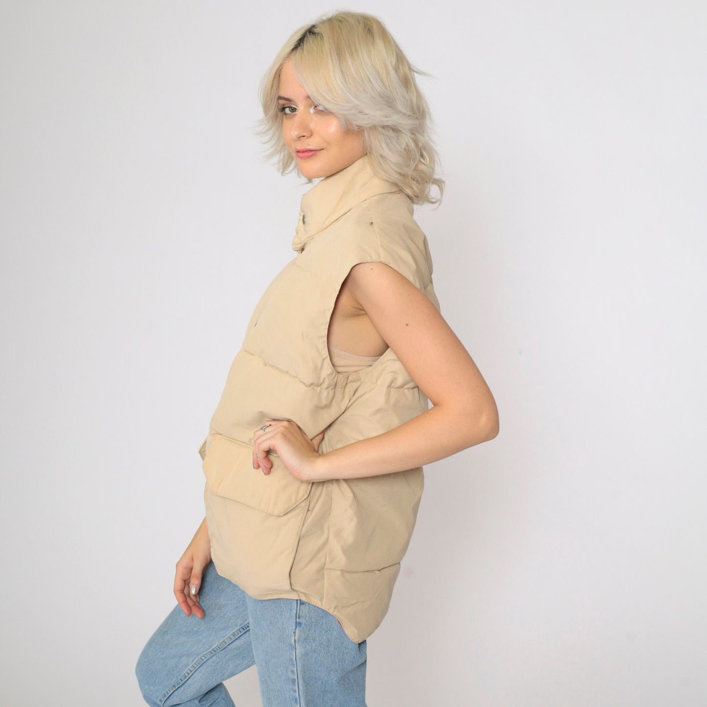 80s Trailwear Tan Down Puffer Vest Snap Front Sleeveless Medium