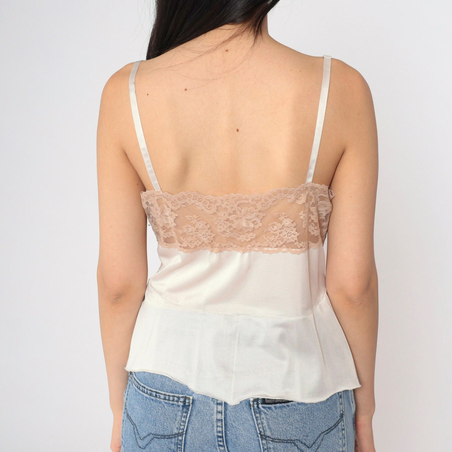 80s Beige Nylon Lace Cami Top Floral Sheer V-Neck Spaghetti Straps Medium