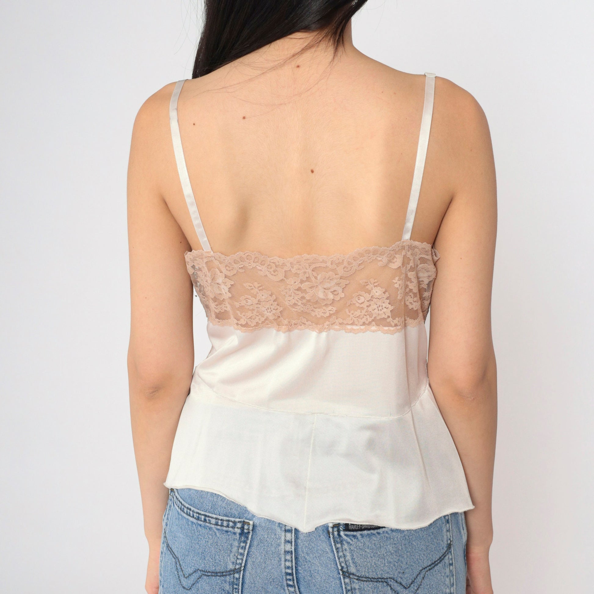 80s Beige Nylon Lace Cami Top Floral Sheer V-Neck Spaghetti Straps Medium