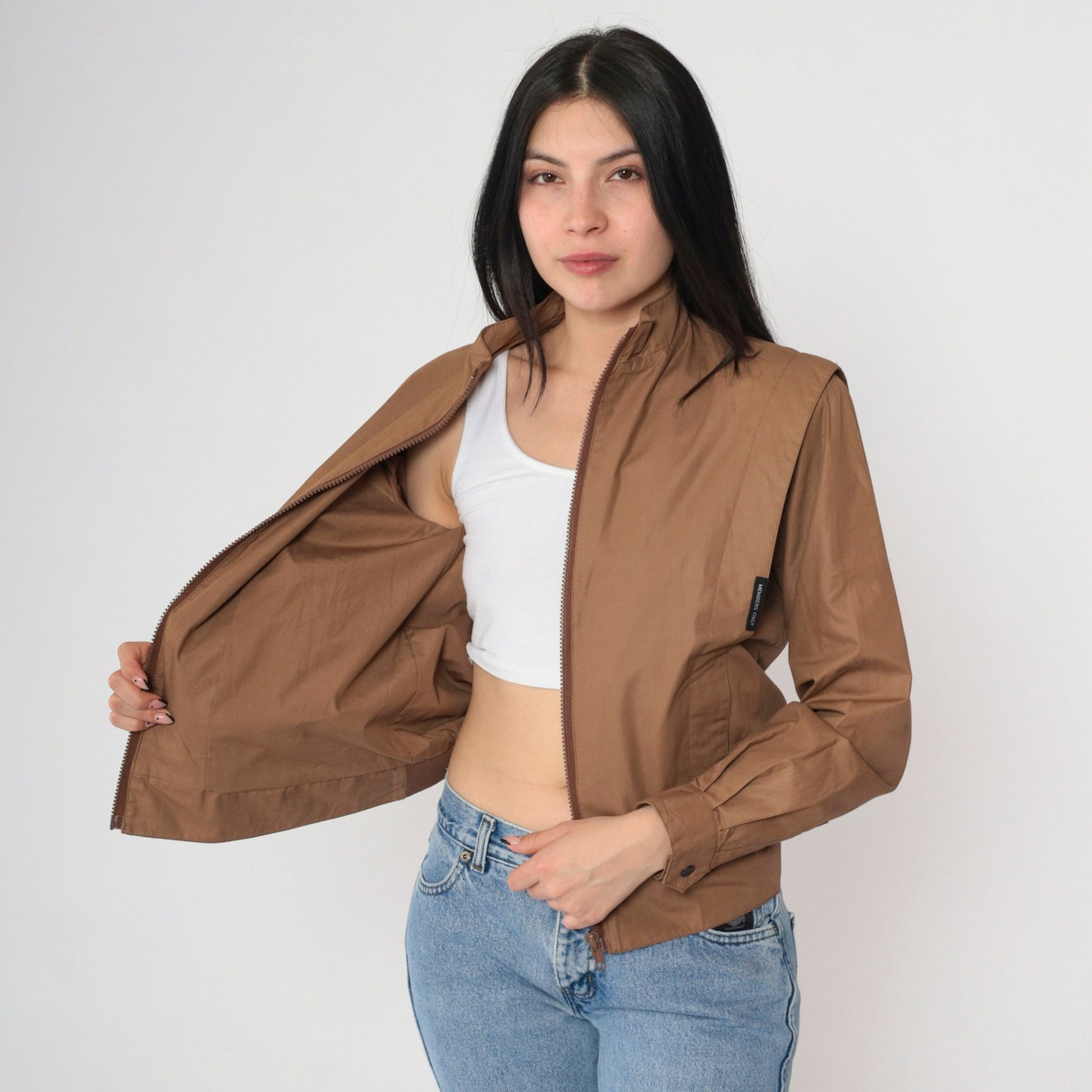 80s Members Only Brown Bomber Jacket Structured Pleats High Collar Small