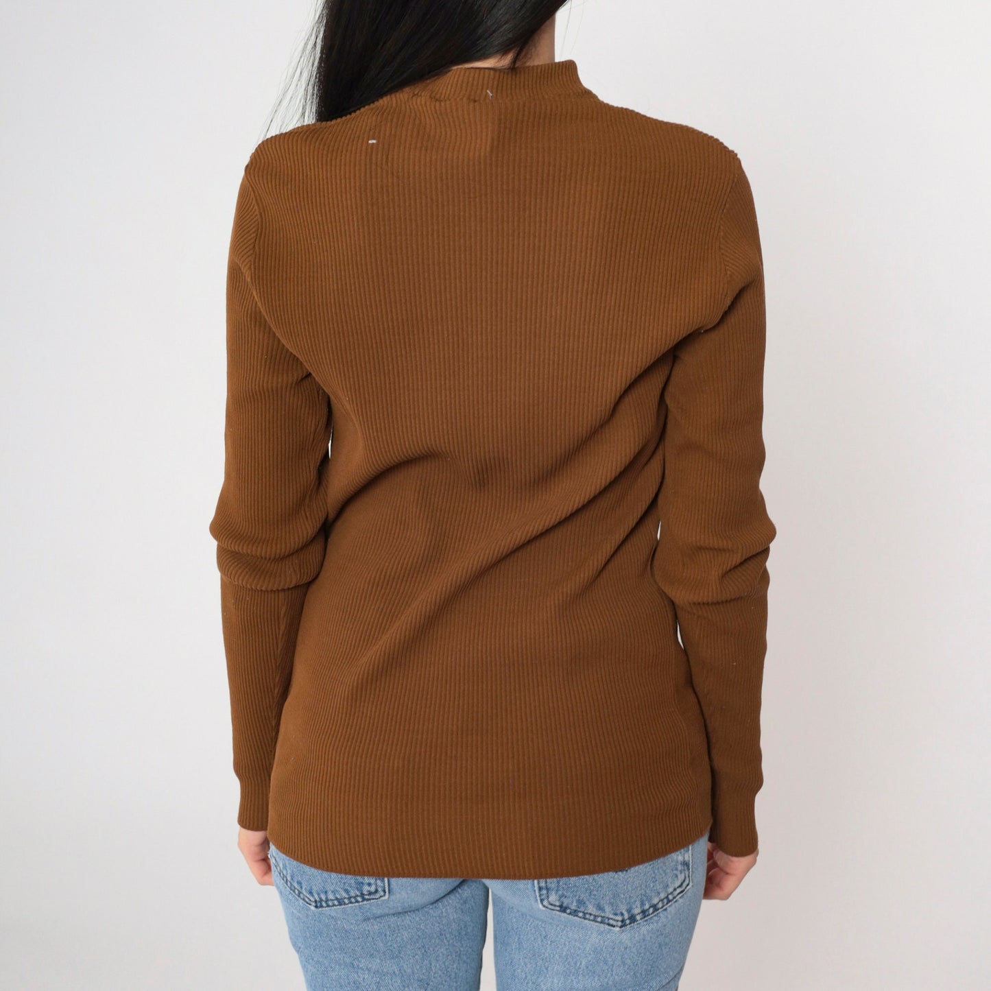 90s Brown Ribbed Knit Mock Neck Long Sleeve Top Small Medium