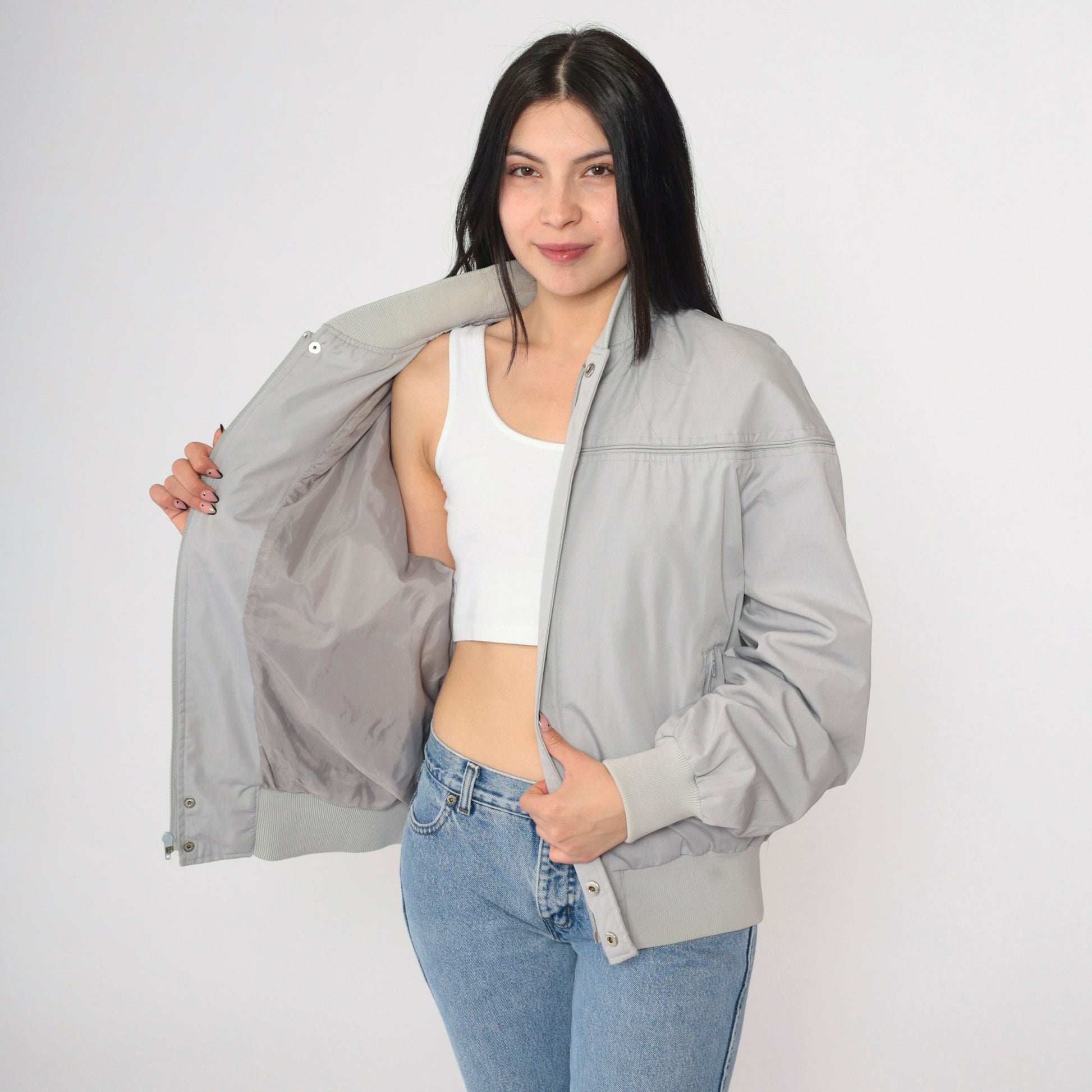 80s Grey Bomber Jacket Cafe Racer Windbreaker Vintage Moto Large
