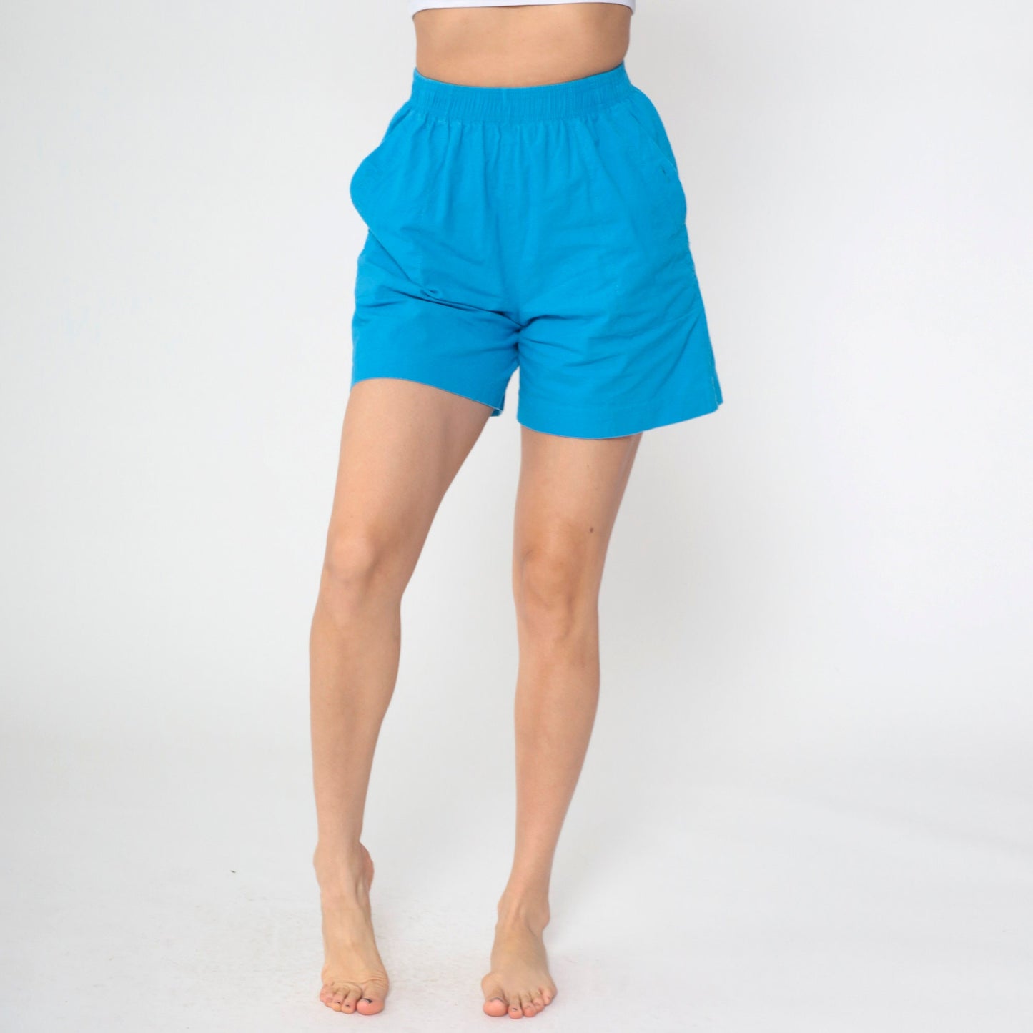 90s Blue Cotton Lounge Shorts High Waist Elastic Waist Small S
