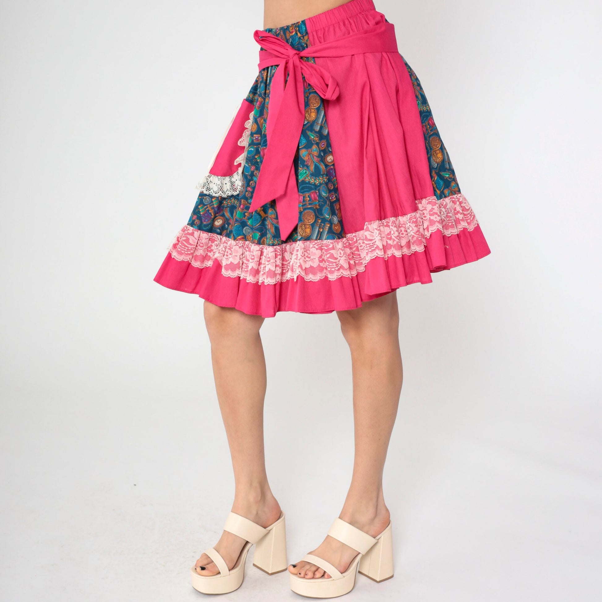 80s Patchwork Midi Skirt Pink Blue Binocular Print High-Waisted Lace Trim Medium