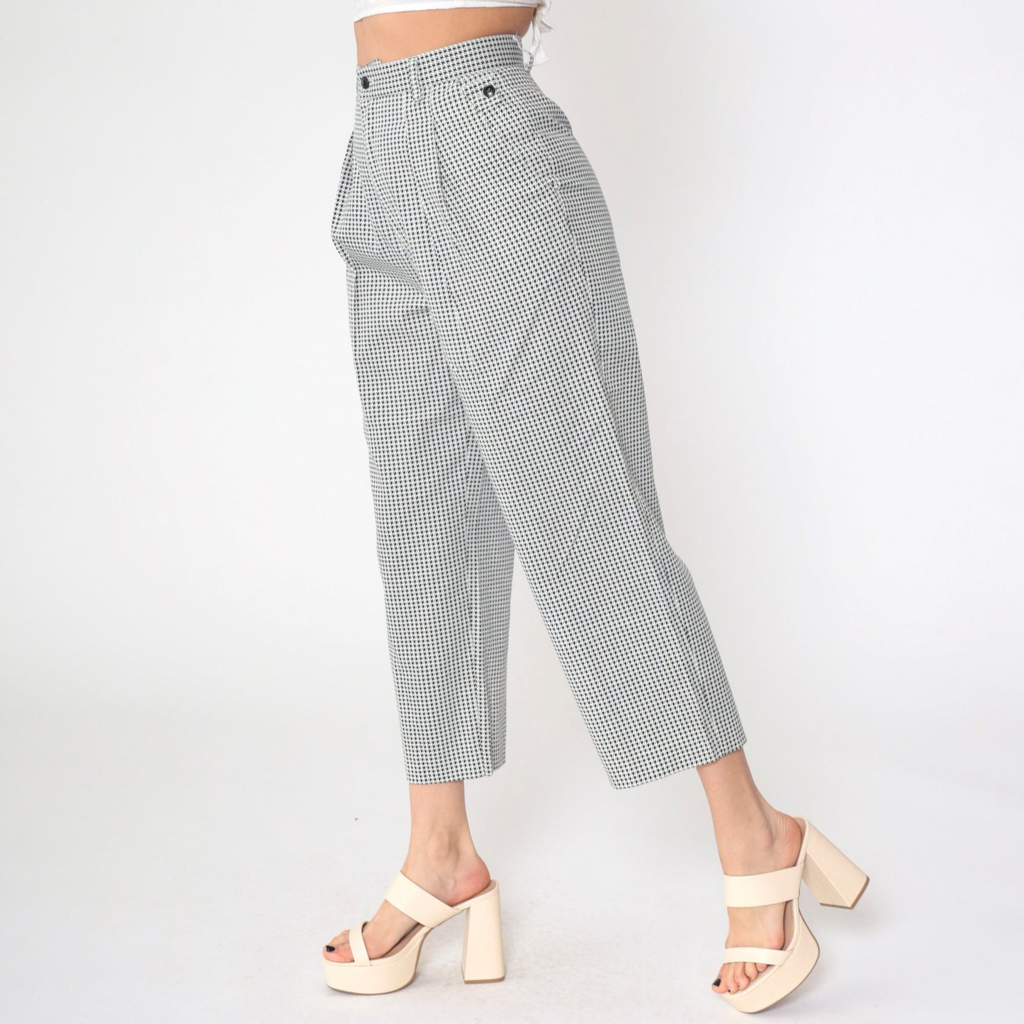 90s Houndstooth Cropped Trousers High Waist Pleated Black White Small