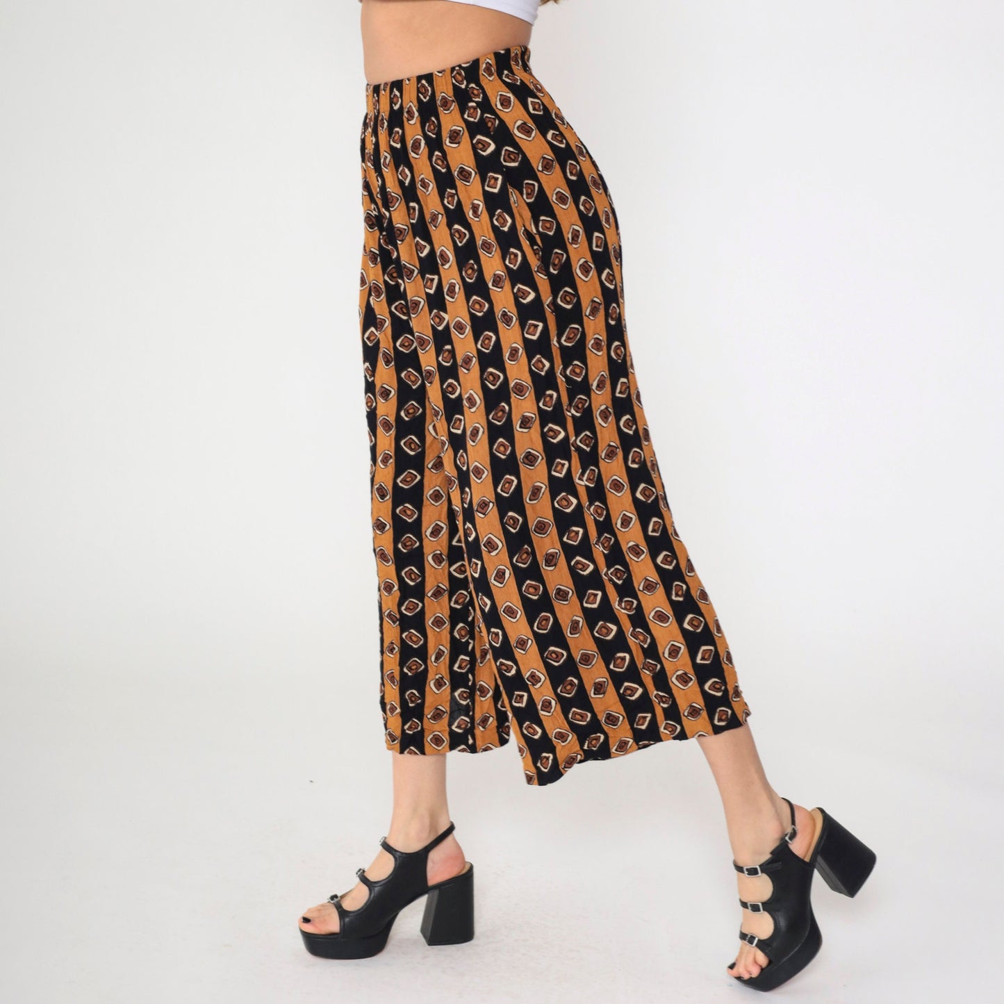 90s Geometric Striped Rayon Capri Pants Burnt Orange Black Elastic Waist XS