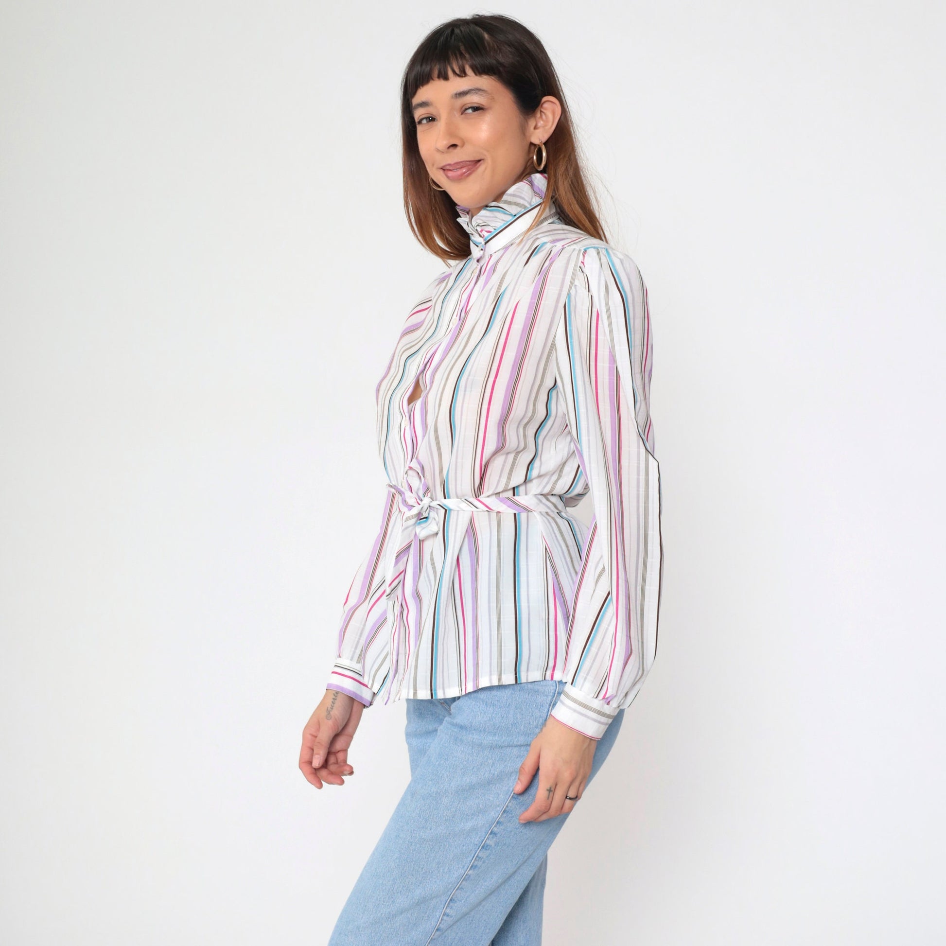 80s Jonquil Striped Button-Up Blouse Puff Sleeve Ruffle Collar Multicolor Large