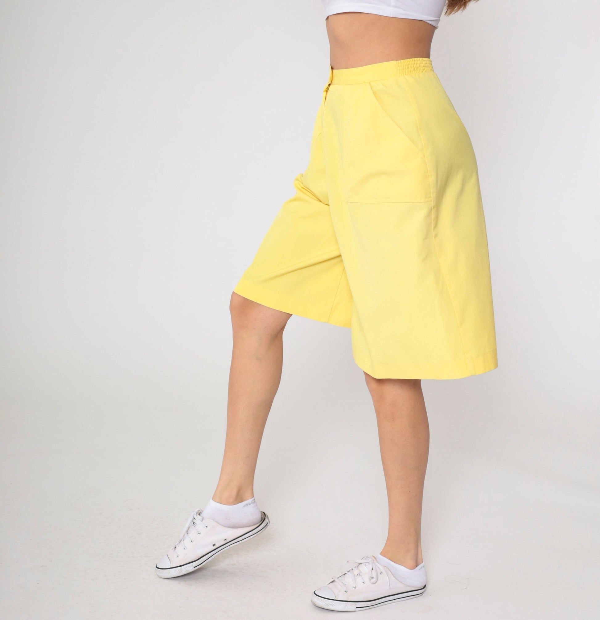 80s Koret Yellow High-Waisted Bermuda Shorts Patch Pocket Small Medium