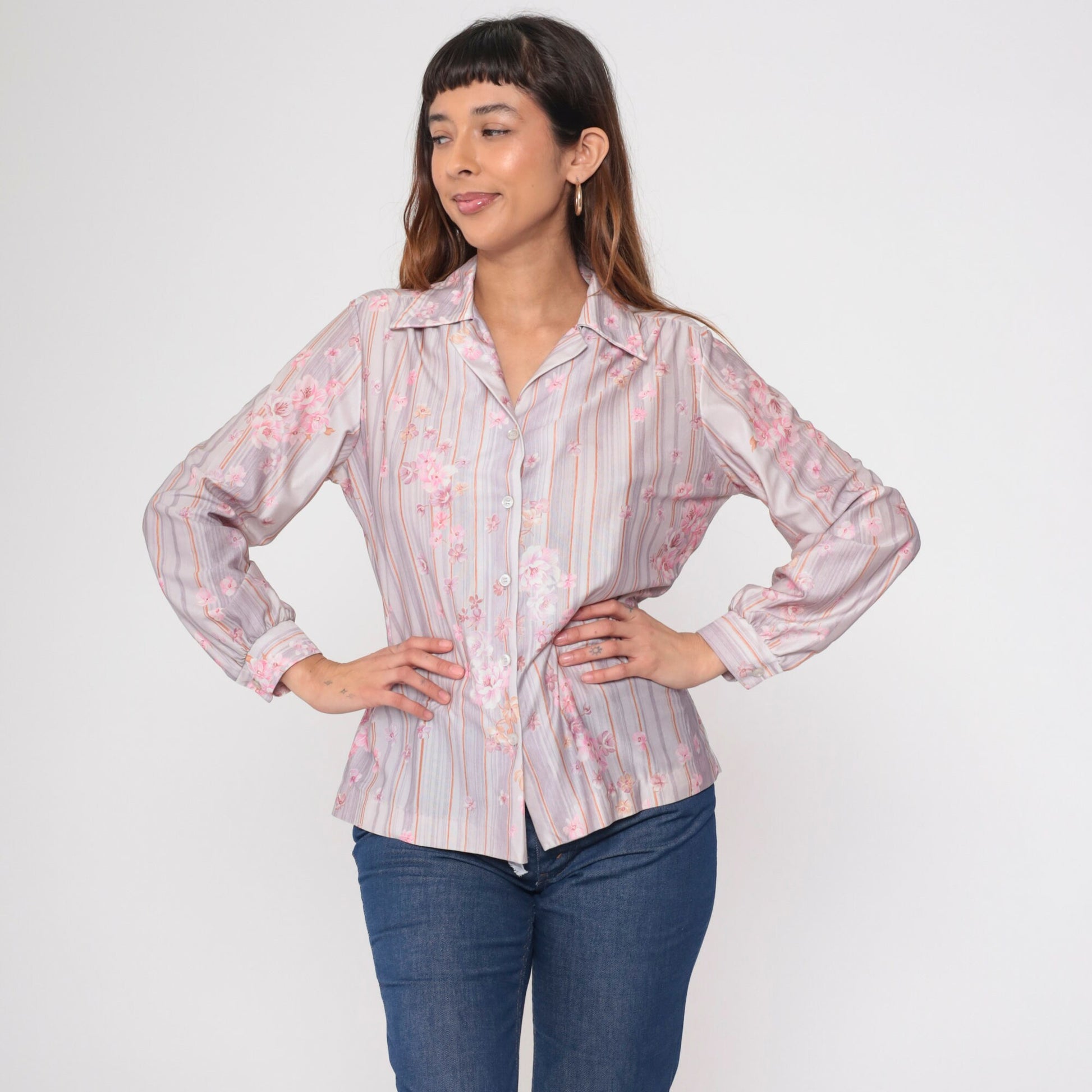 70s Striped Floral Button-Up Blouse Pink Lavender Long Sleeve Shirt Medium Large