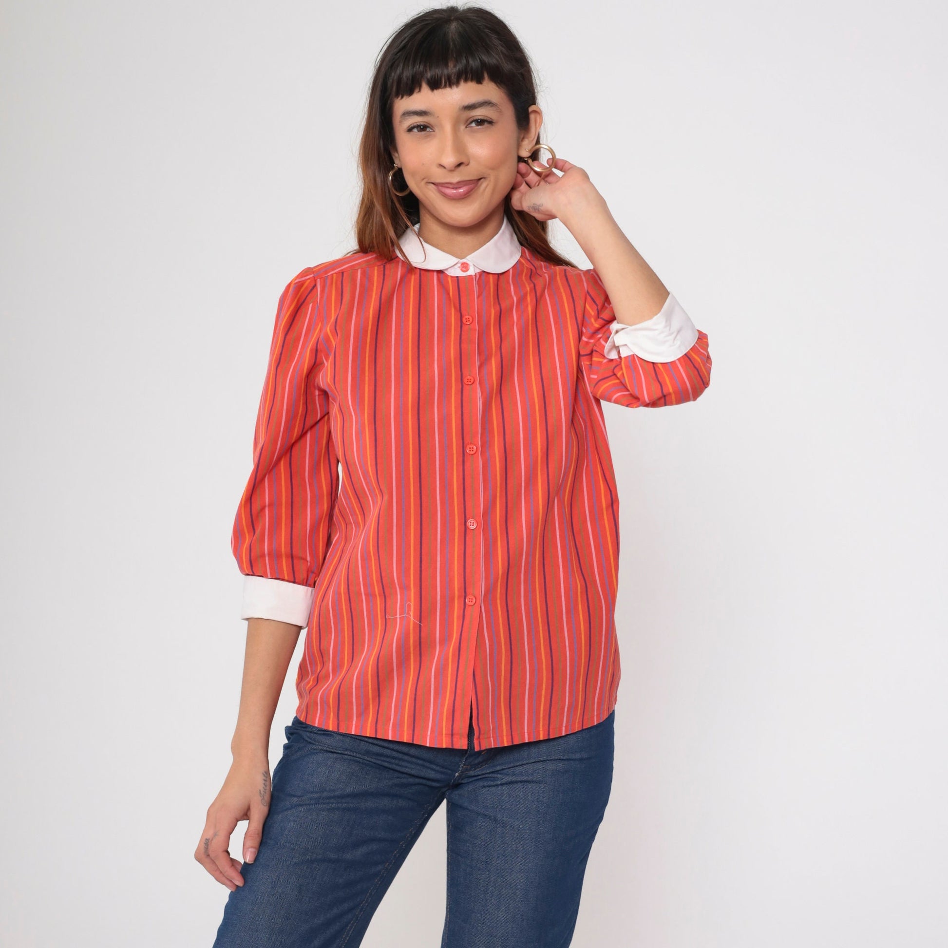 70s Red Striped Peter Pan Collar Blouse 3/4 Sleeve Button Up Medium