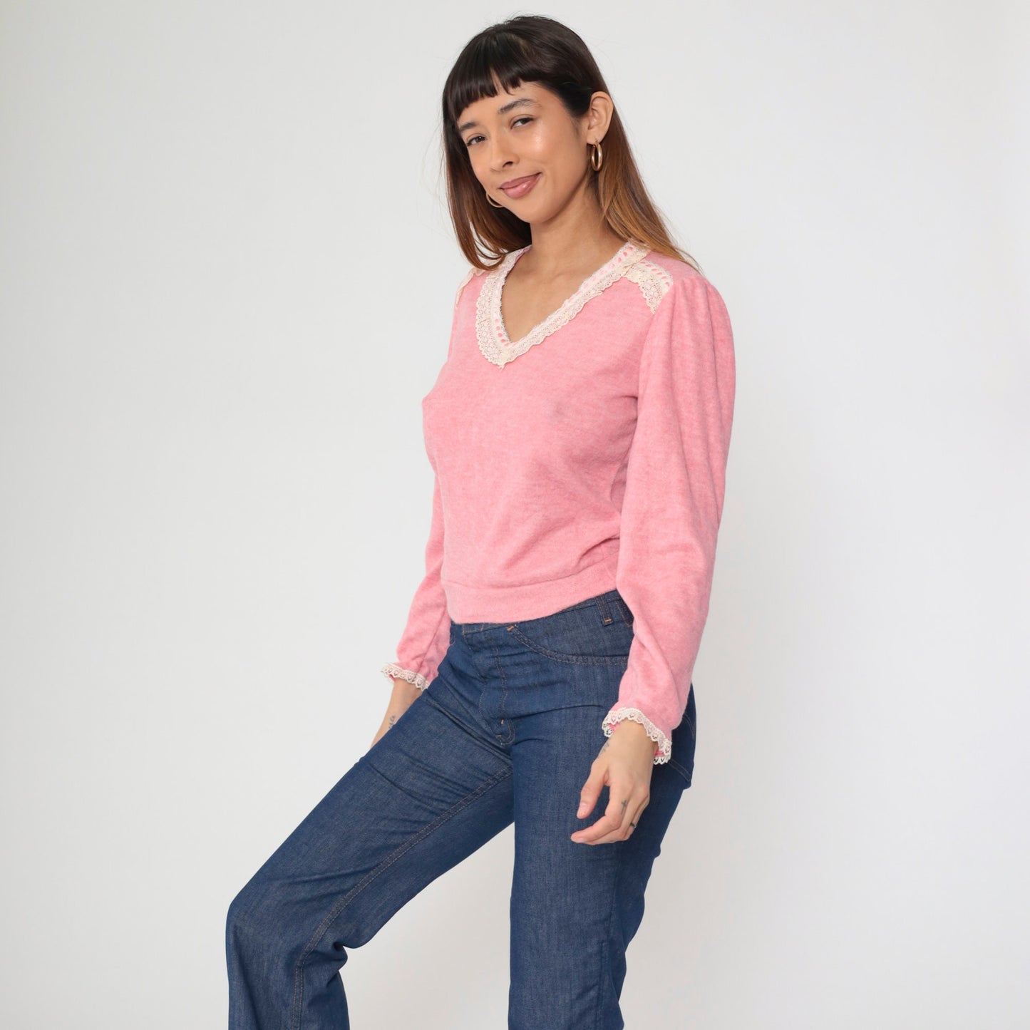 80s Pink Lace Trim V-Neck Sweater Top Long Sleeve Knit Blouse Small