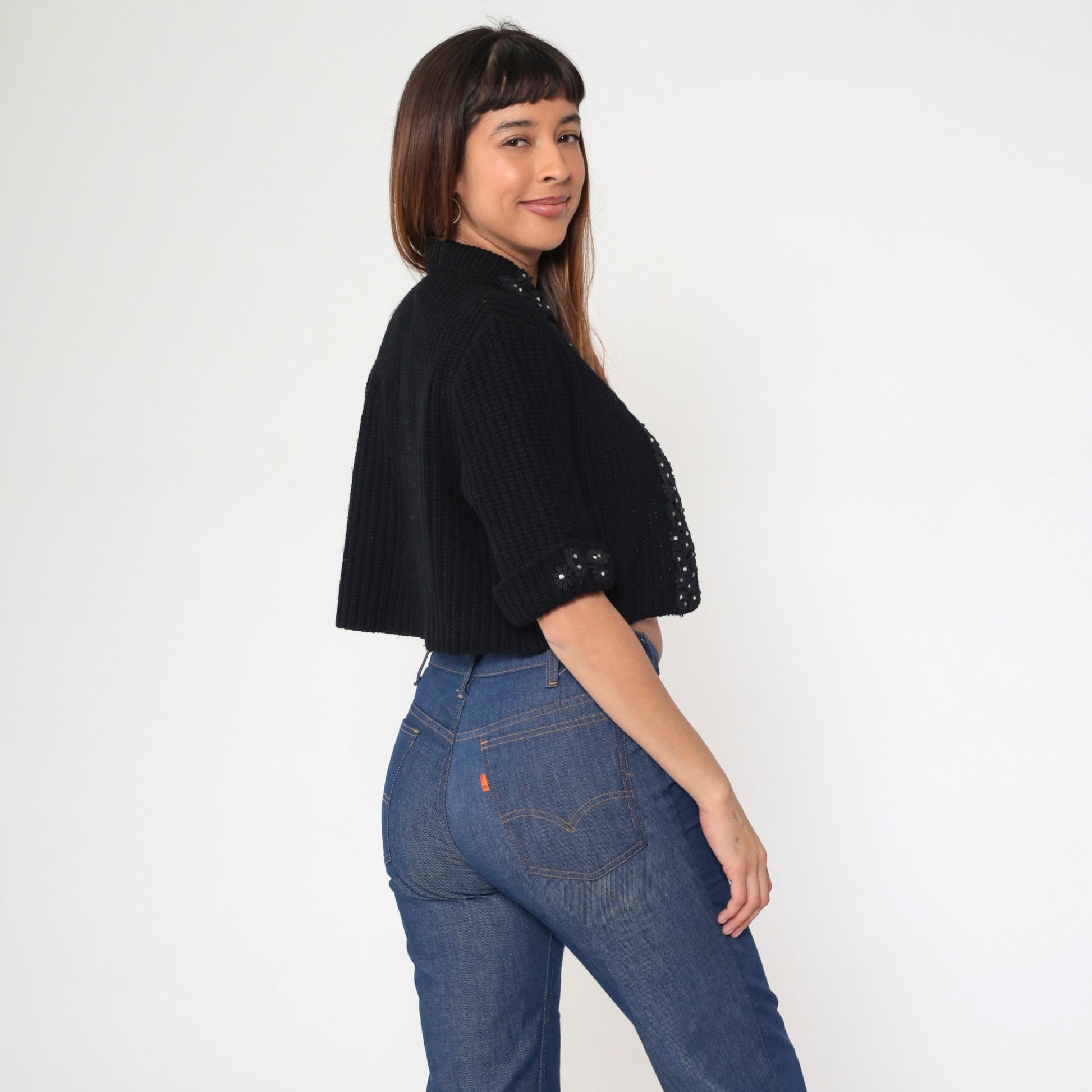 60s Black Rhinestone Lace Cardigan Cropped Ribbed Knit Short Sleeve Medium