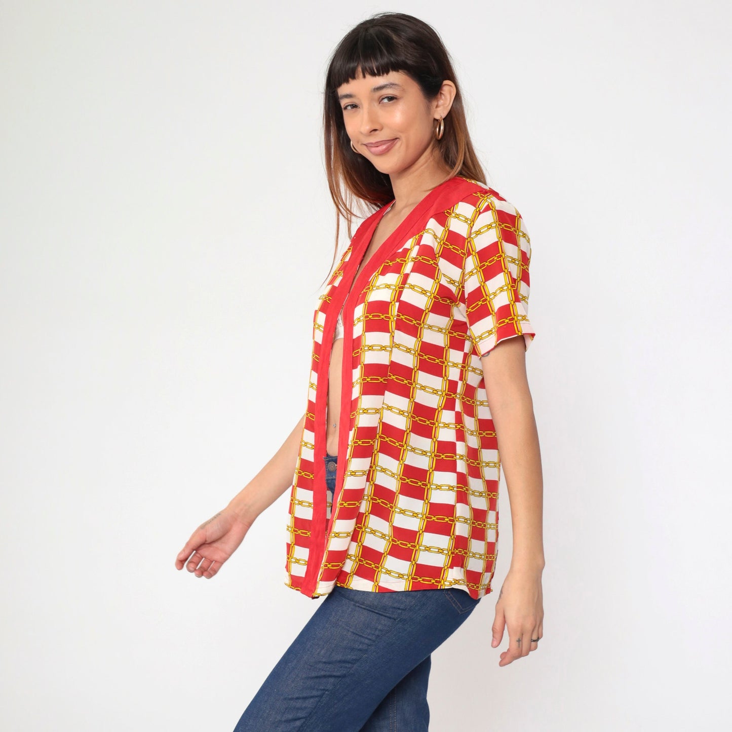 80s Chain-Link Red White Checkered Open Front Blouse Short Sleeve Small Medium