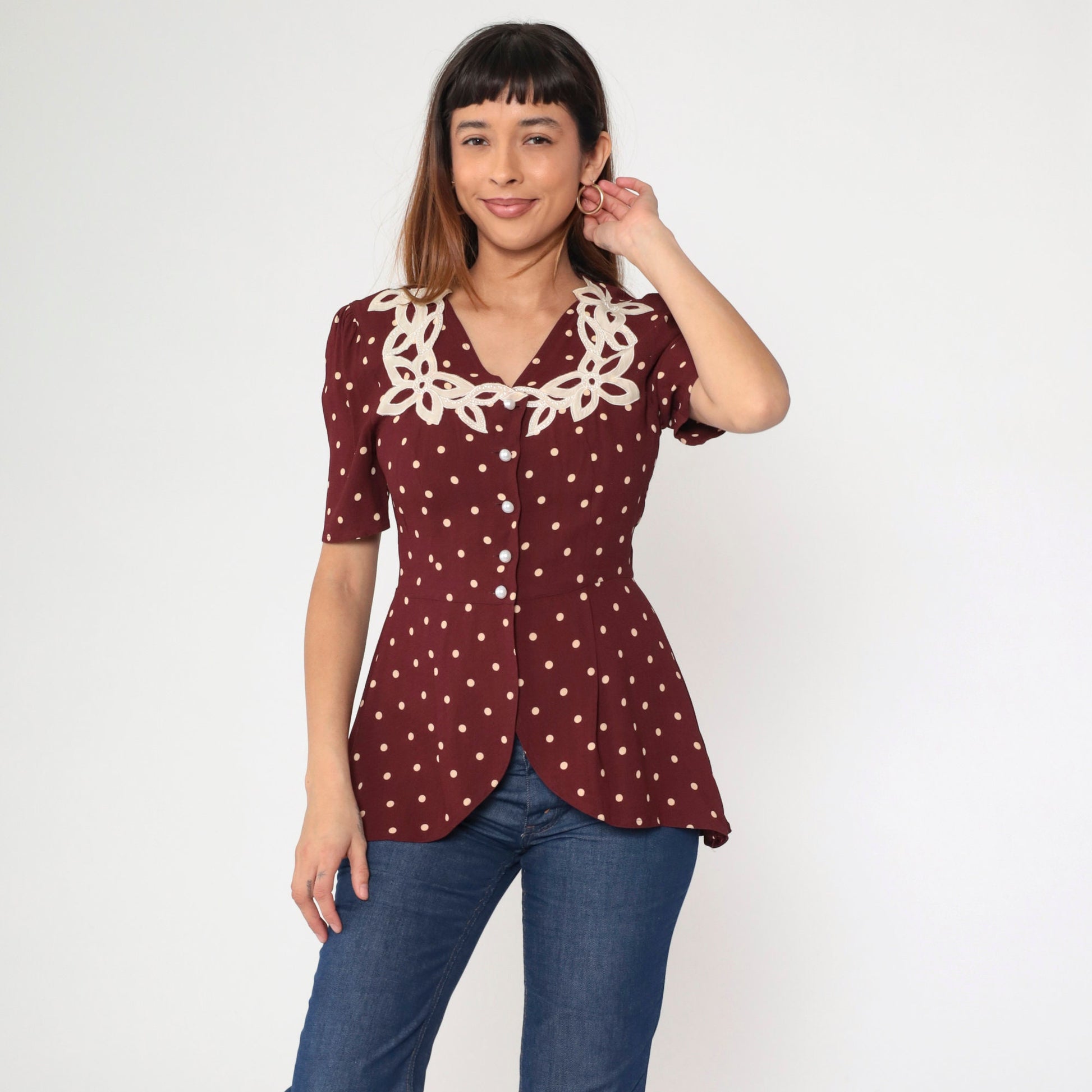 80s Maroon Polka Dot Beaded Floral Button-Up Blouse Puff Sleeve Small S
