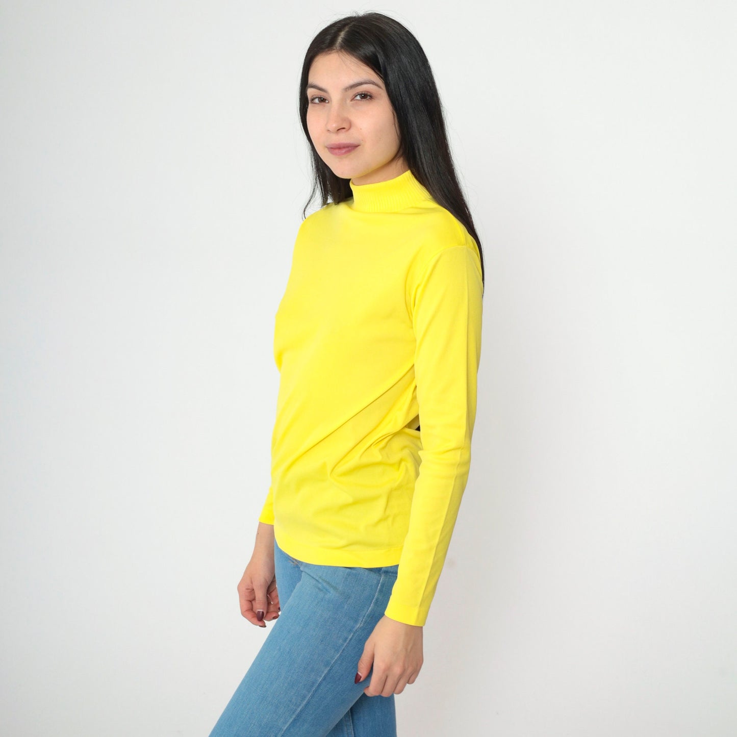 70s Yellow Mock Neck Blouse Long Sleeve Polyester Vintage Shirt Small