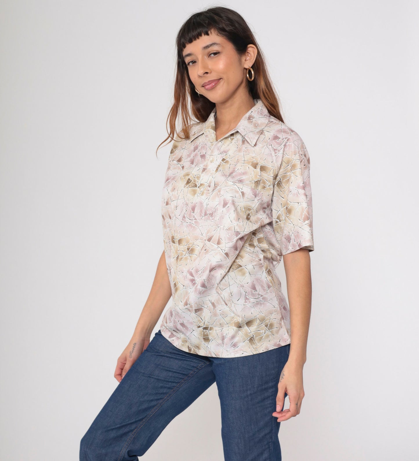 70s Lily Daché Abstract Geometric Print Button-Up Shirt Purple Brown Medium