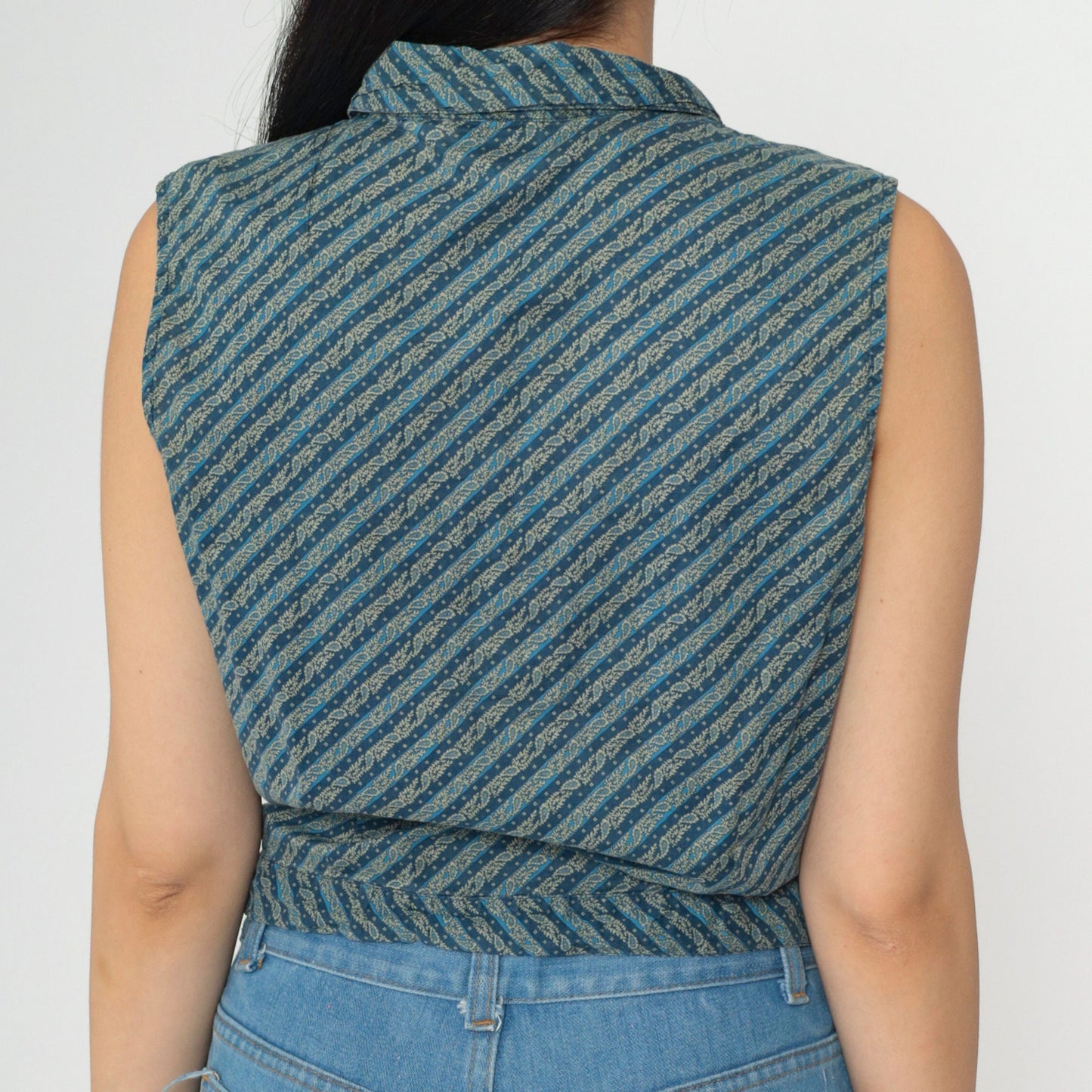 Y2K Blue Paisley Striped Tie-Waist Sleeveless Collared Shirt Cotton Medium
