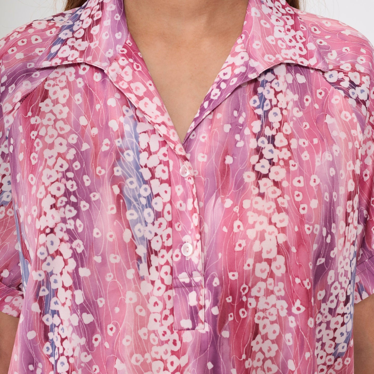 70s John Abbott Abstract Floral Blouse Pink Purple Dagger Collar Large