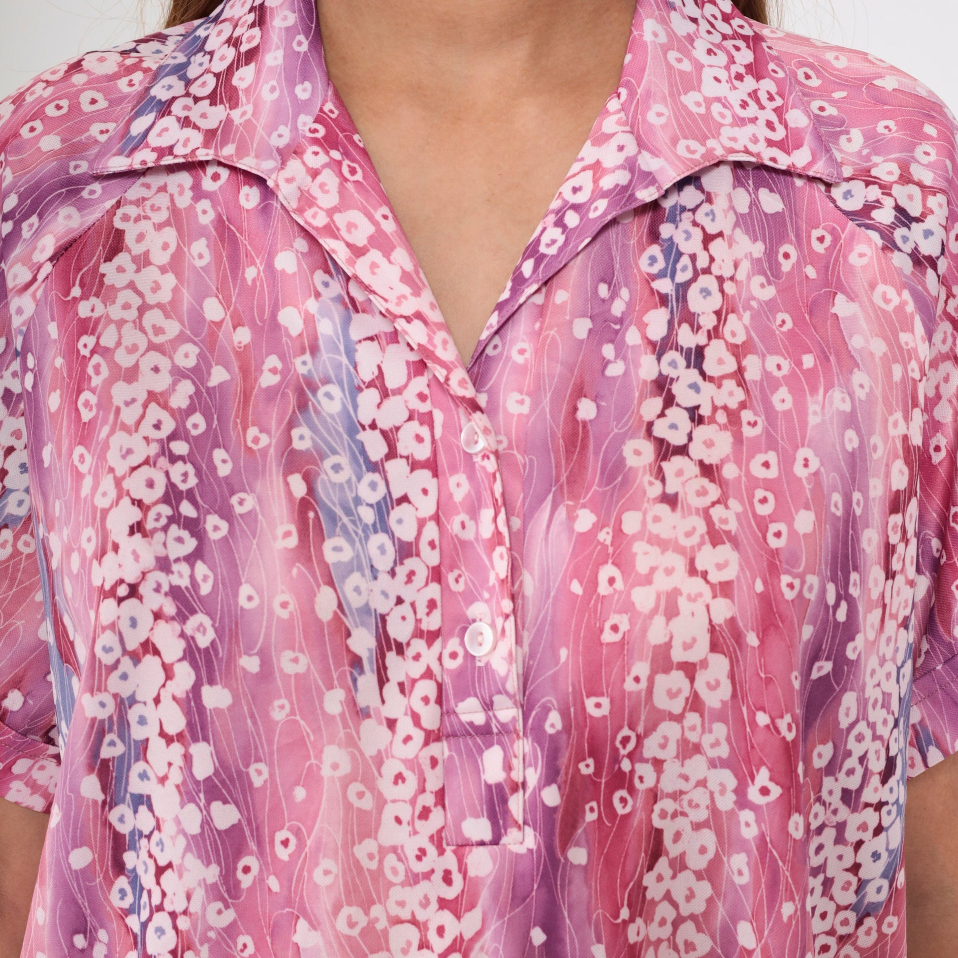 70s John Abbott Abstract Floral Blouse Pink Purple Dagger Collar Large