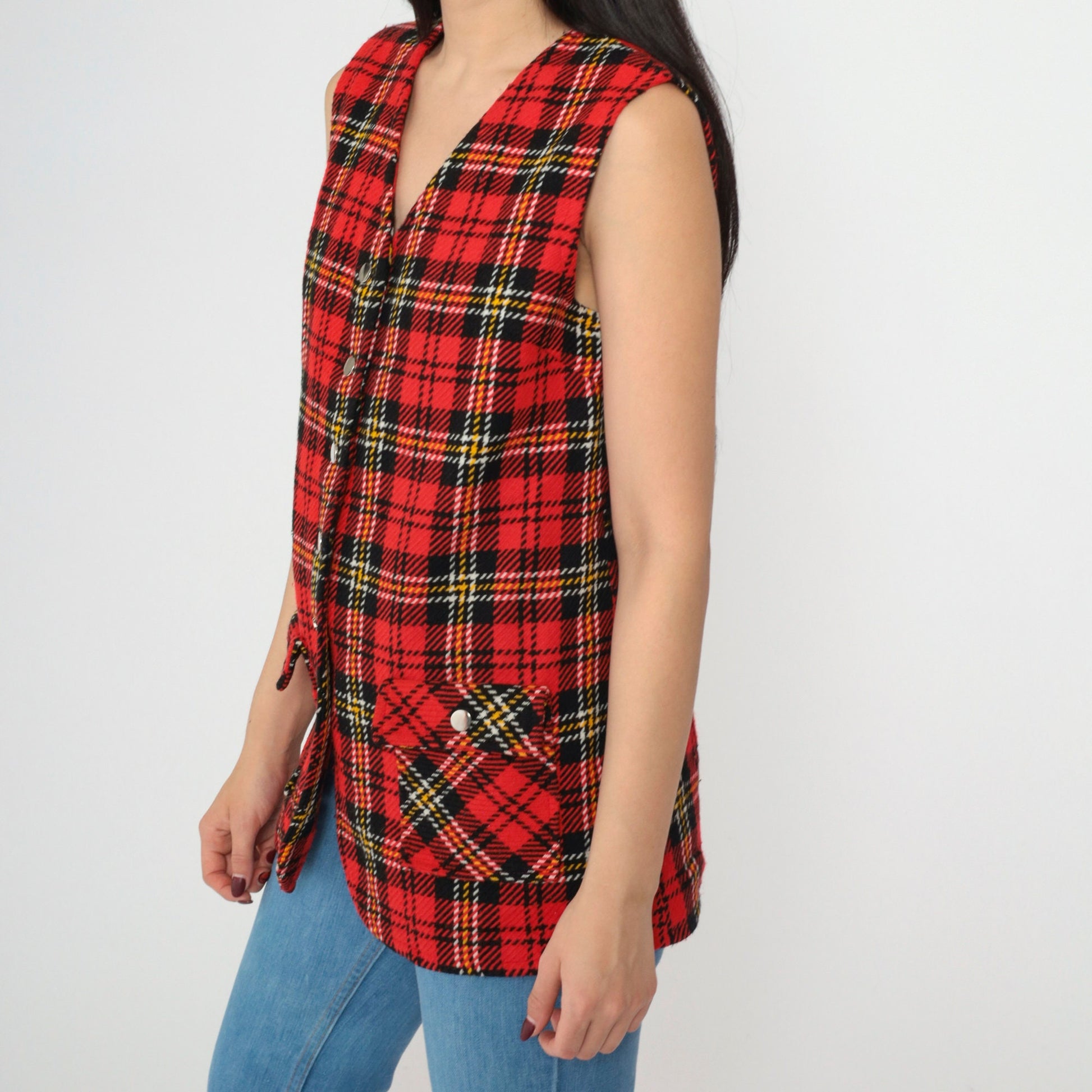 1960s Red Black Plaid Button Vest V-Neck Sleeveless Tartan Small