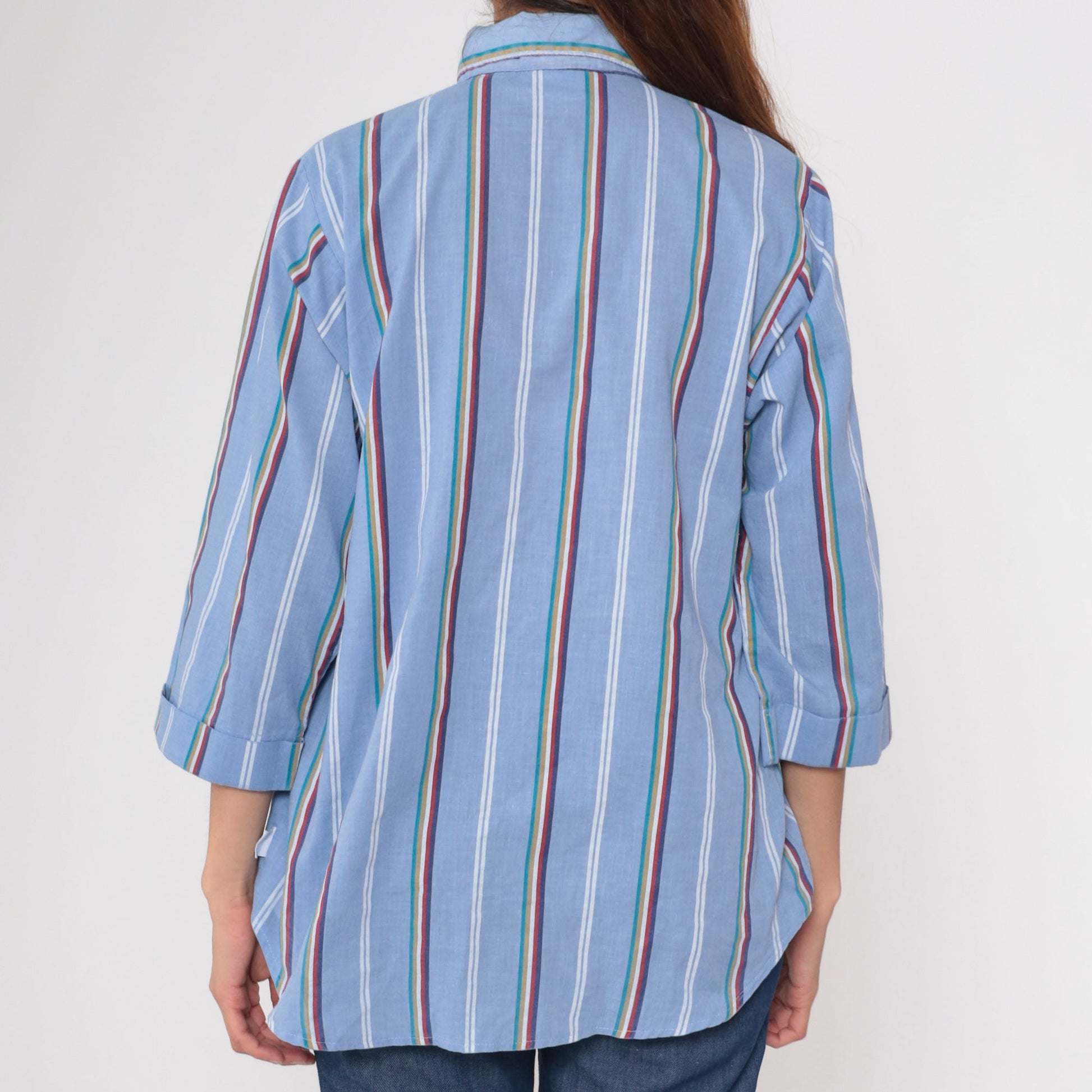 80s Blue Striped Button Up Shirt Multicolored 3/4 Sleeve Blouse Medium Large