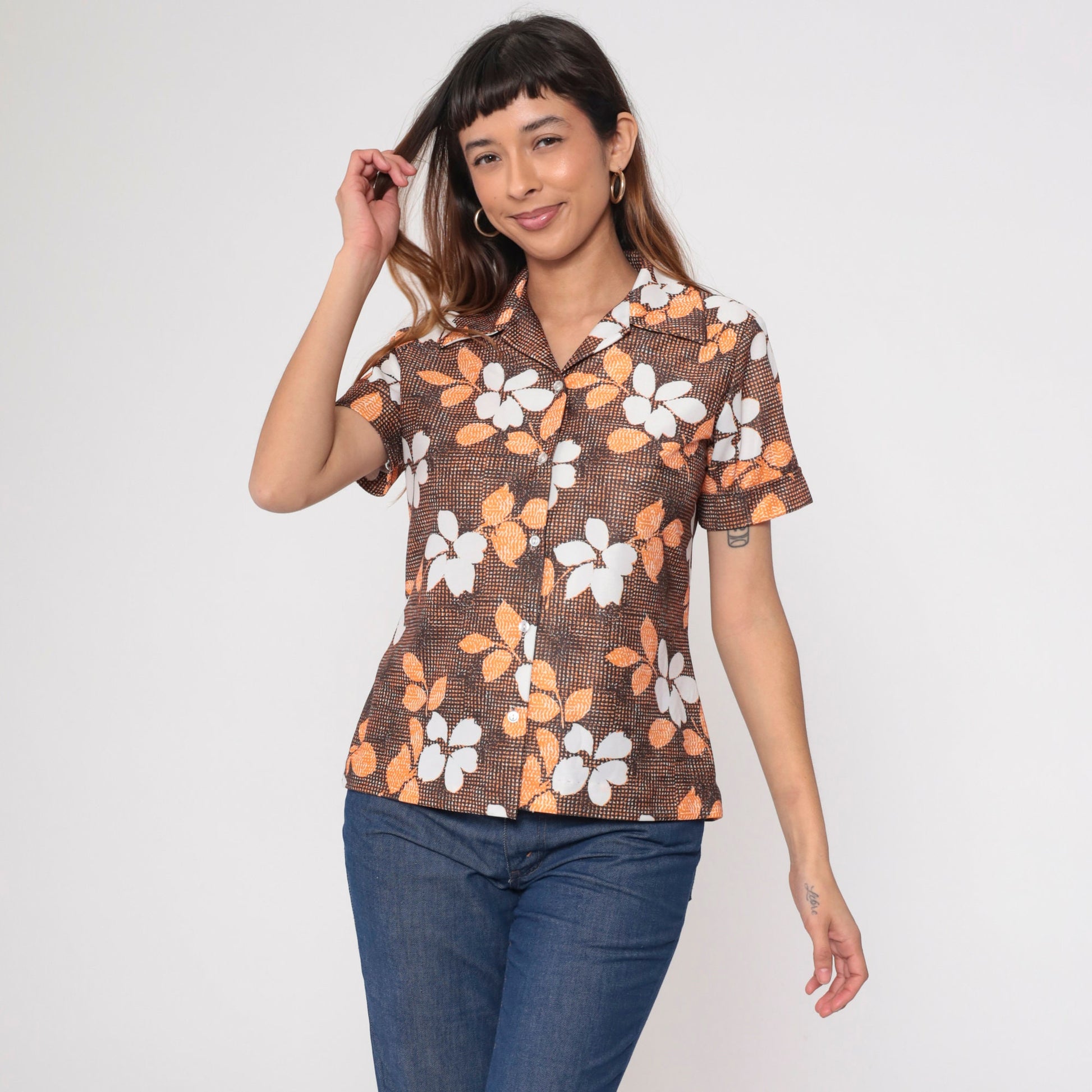 70s Floral Button Up Blouse Brown Orange White Short Sleeve Small Medium