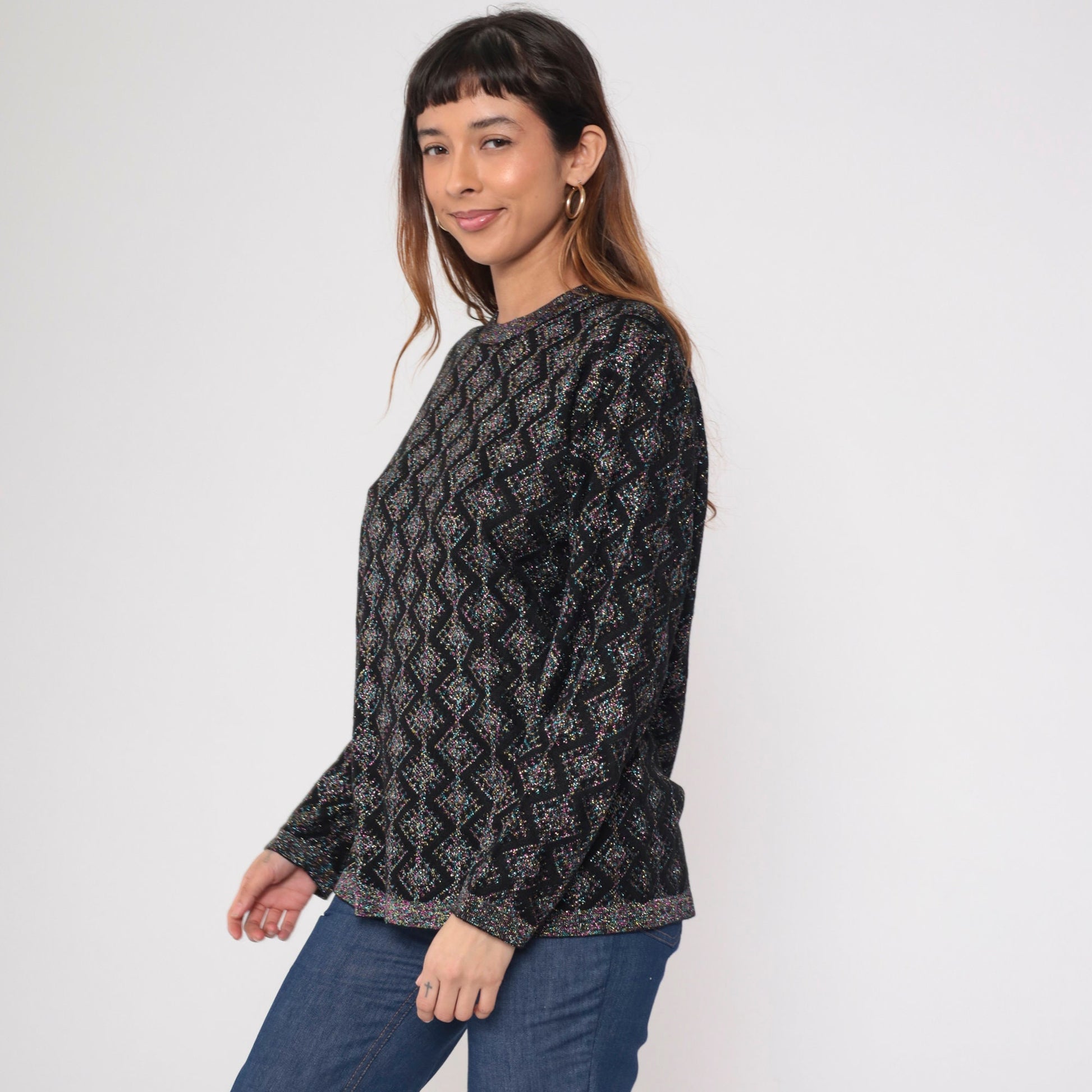 80s Metallic Geometric Sweater Black Pink Blue Lurex Knit Crewneck Medium