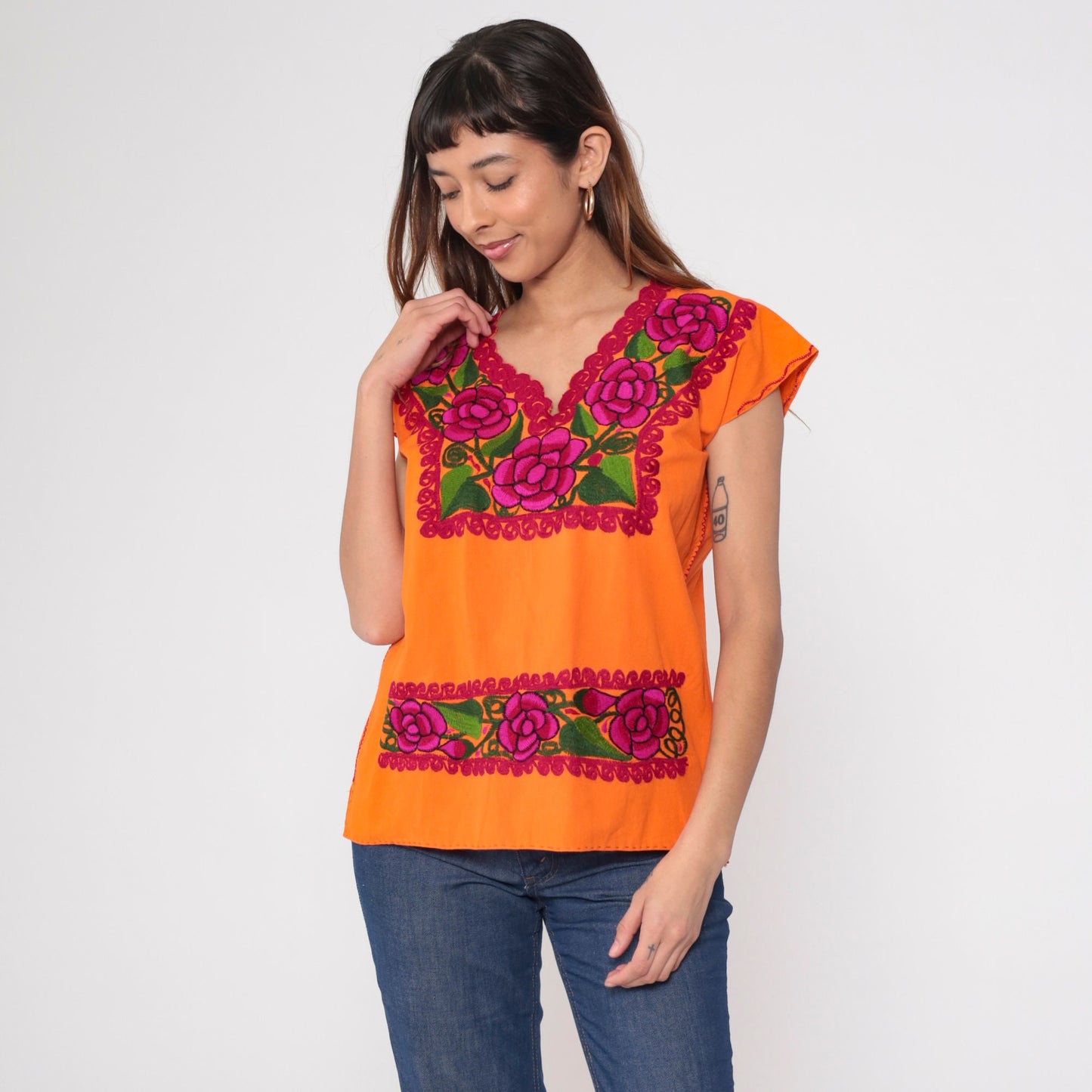 90s Orange Floral Mexican Embroidered Blouse Short Sleeve Cotton Tunic Medium