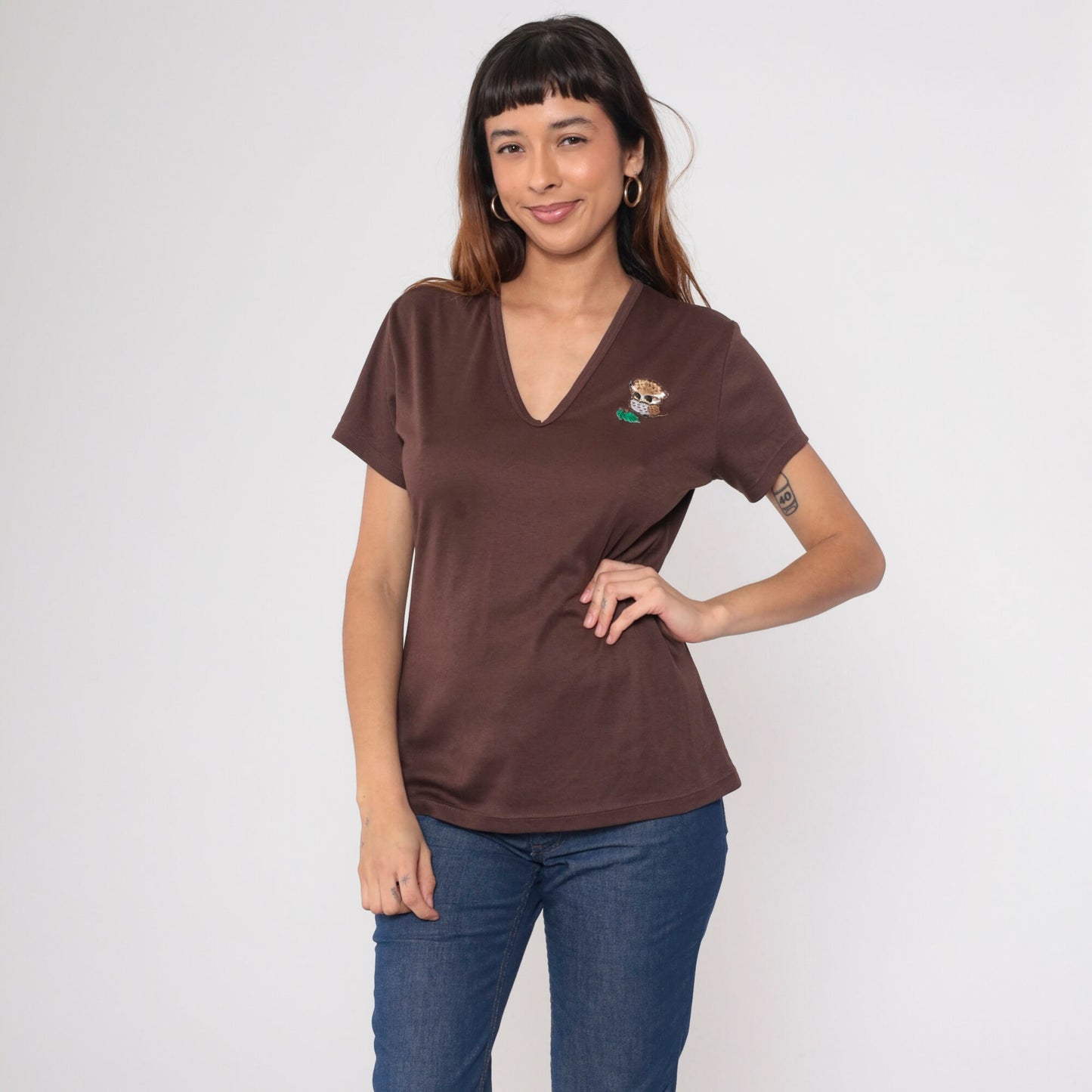 70s Owl Patch Brown V-Neck T-Shirt Cotton Graphic Tee Medium Large