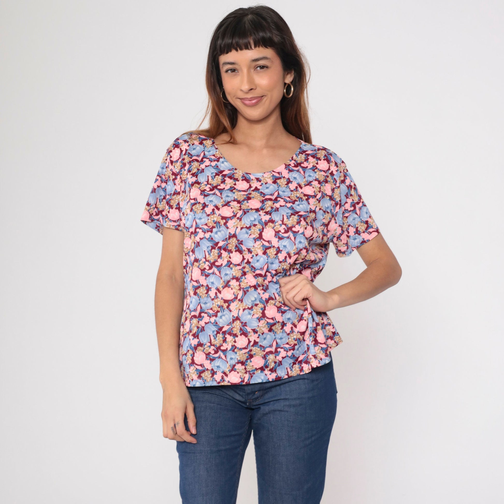 70s Floral Print Blouse Pink Blue Burgundy Short Sleeve Top Large