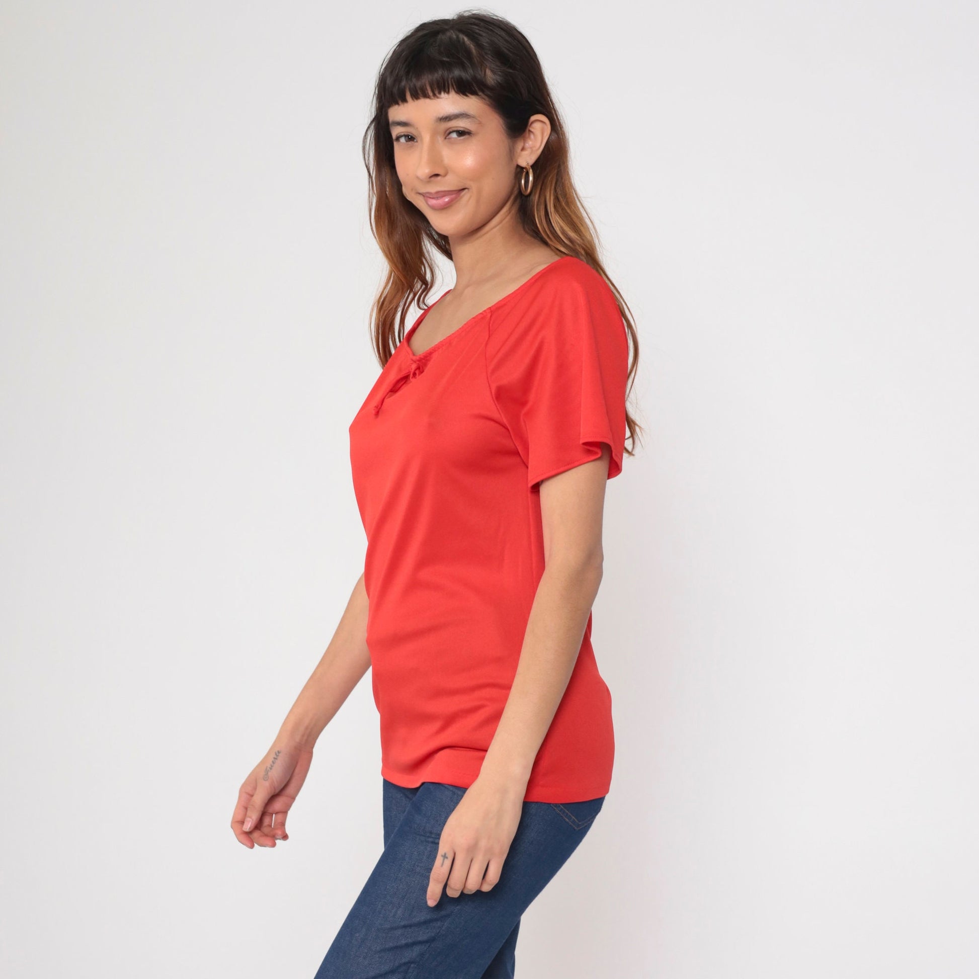 70s Red Bow Neck Blouse Short Raglan Sleeve Tunic Top Extra Small