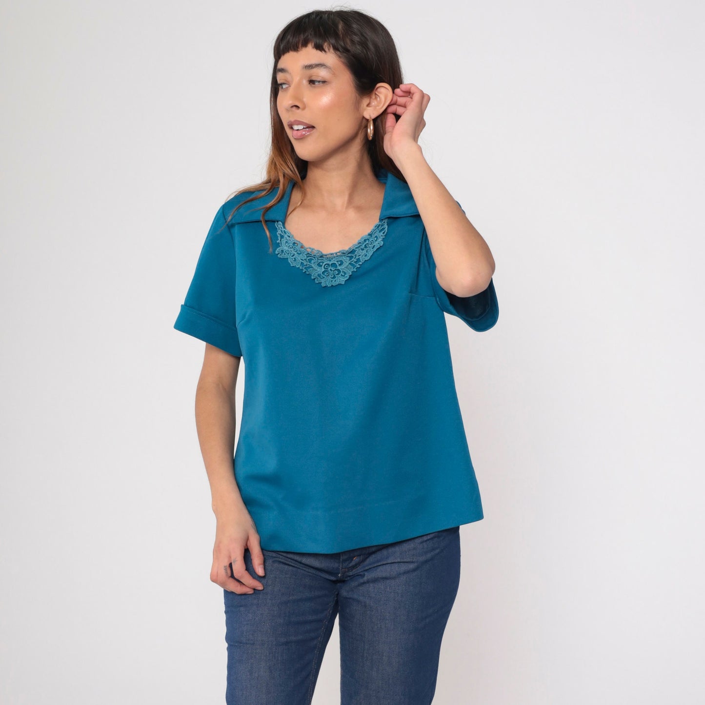 70s Blue Lace Collar Blouse Pointed Crochet Trim Short Sleeve Large L