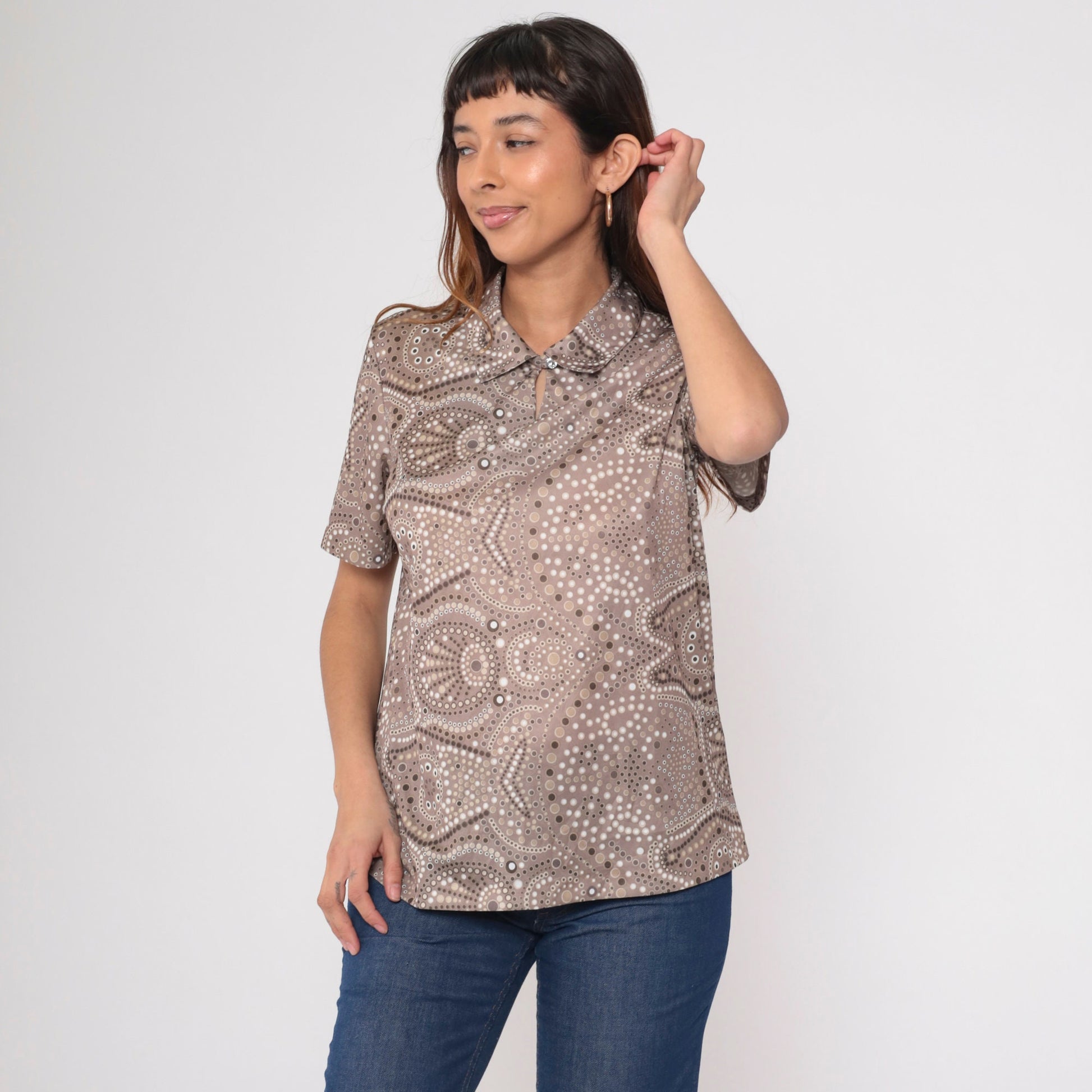 90s Blair Taupe Geometric Dot Blouse Keyhole Neck Short Sleeve Medium M