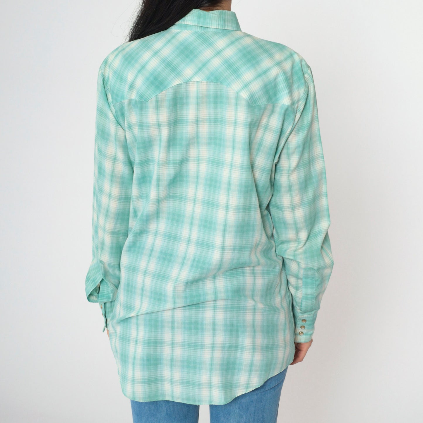 90s Mervyn's Western Shirt Seafoam Plaid Pearl Snap Men's Medium