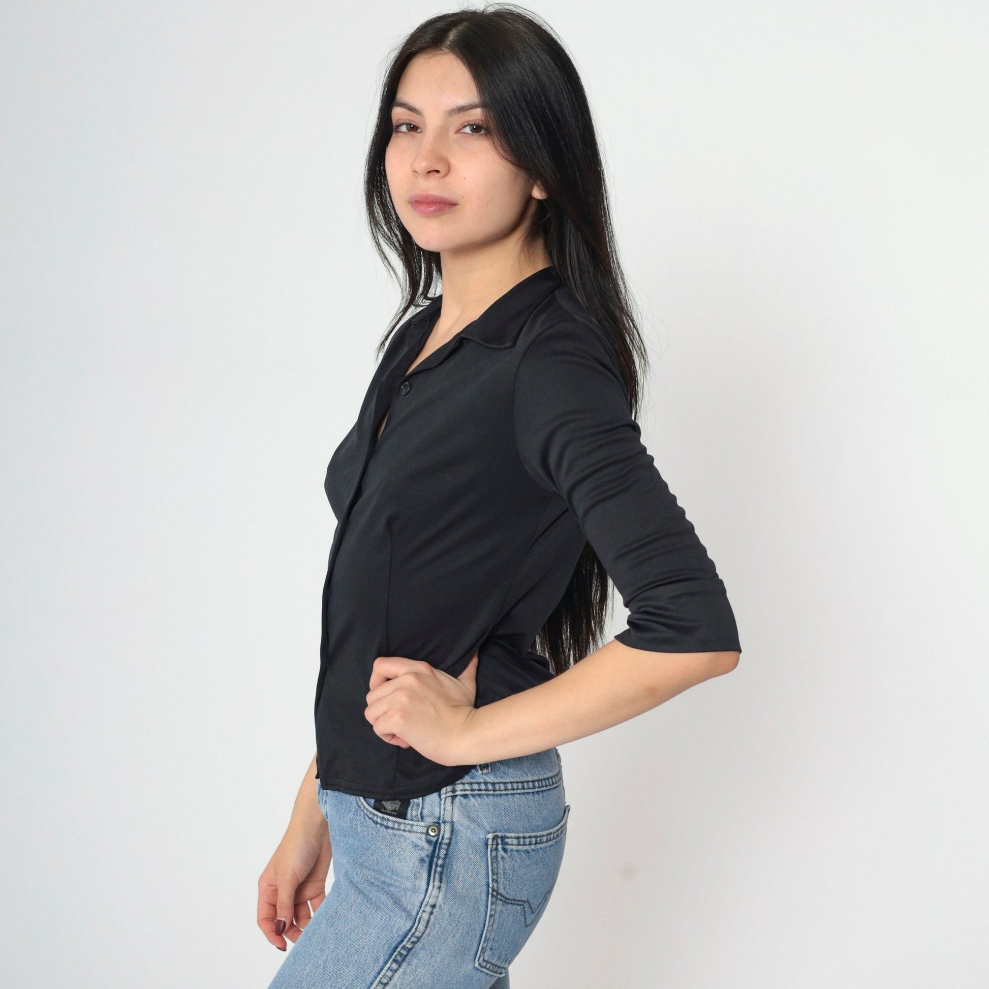 90s Black Button-Up Blouse Half Sleeve Collared Shirt Extra Small