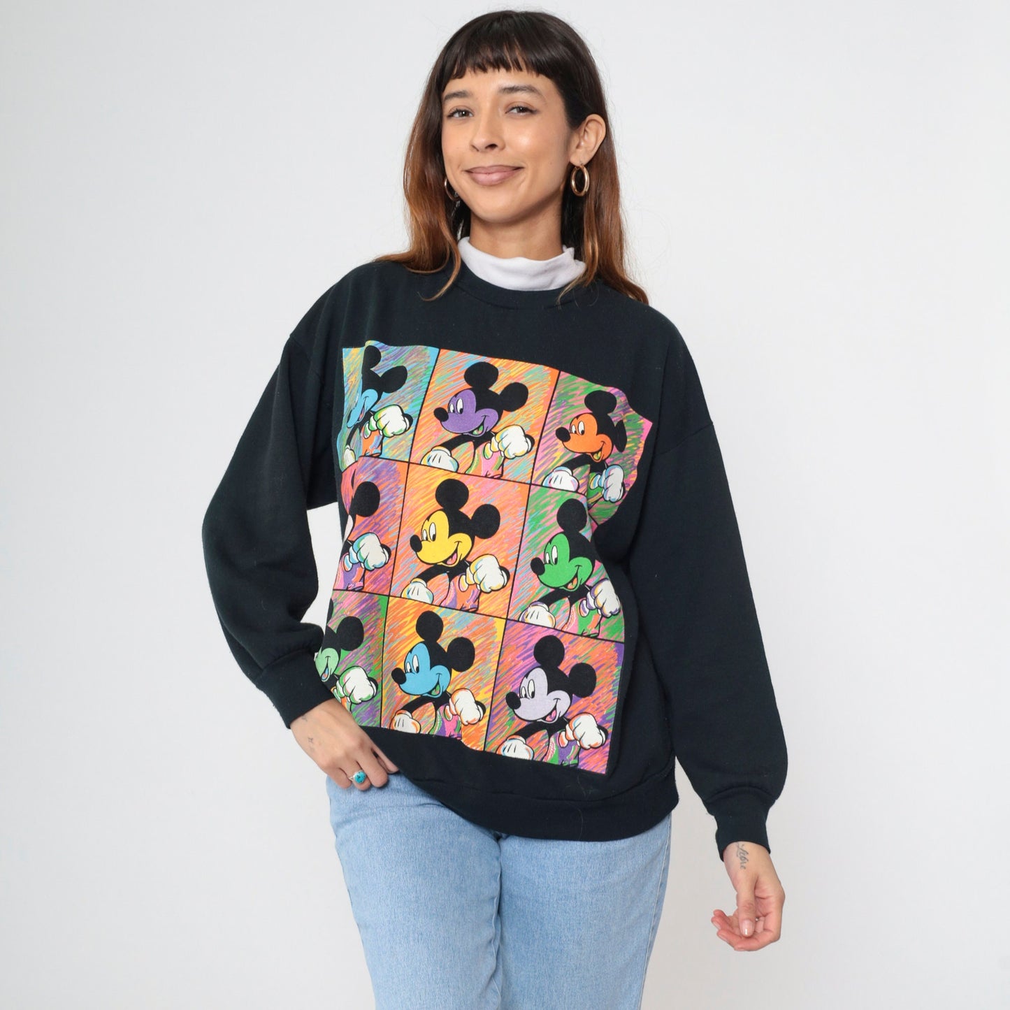 90s Mickey Mouse Turtleneck Sweatshirt Black Disney Embroidered Large