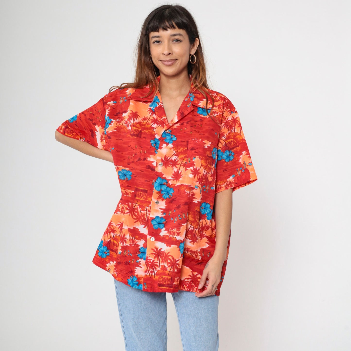 70s Hawaiian Shirt Tropical Floral Hula Dancer Palm Print Button Up Extra Large