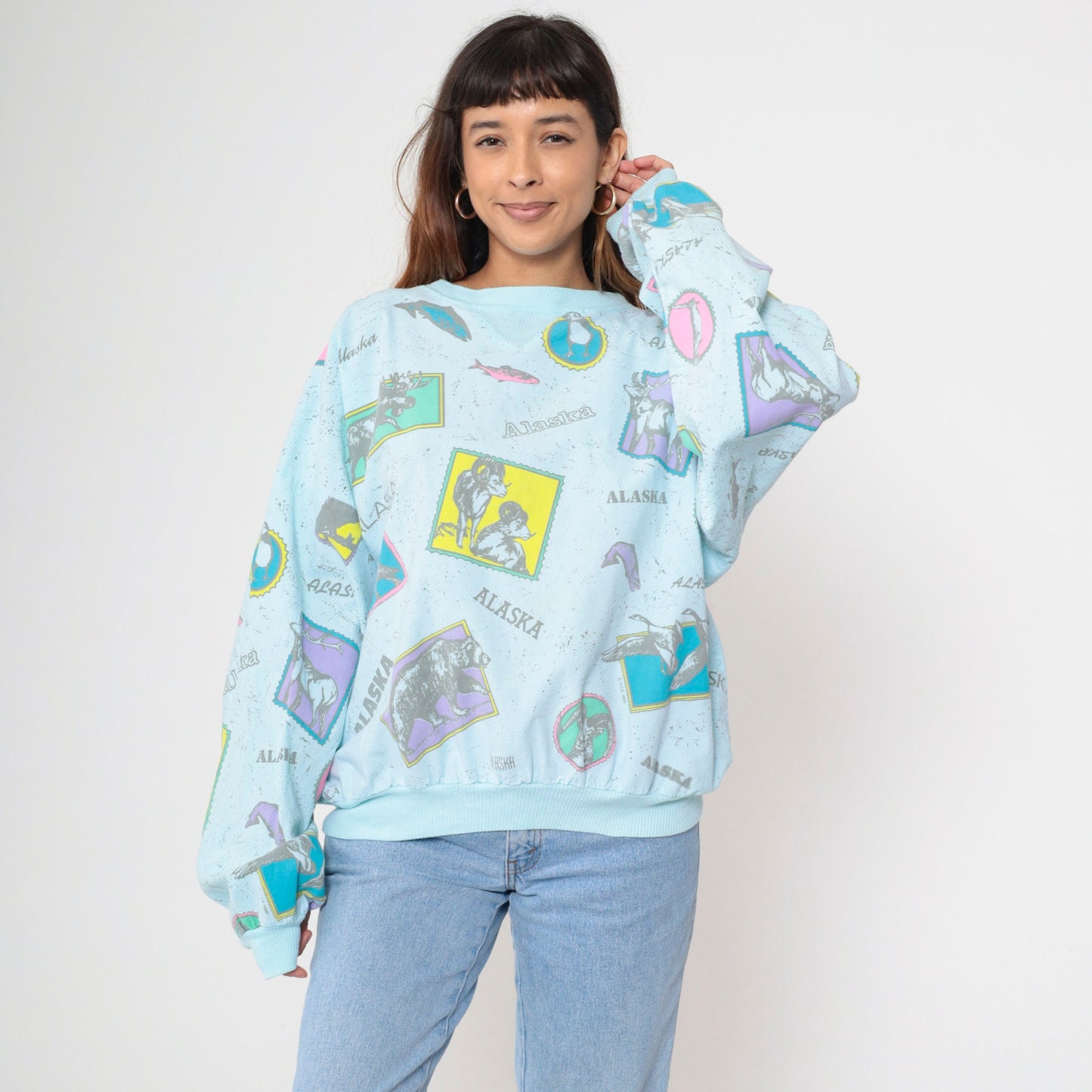 80s Alaska Wildlife Graphic Sweatshirt Light Blue Cotton Pullover Extra Large XL