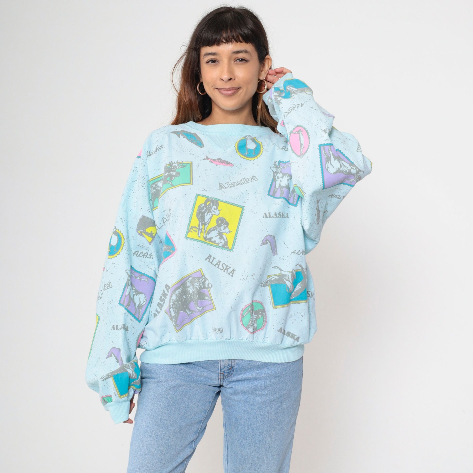 80s Alaska Wildlife Graphic Sweatshirt Light Blue Cotton Pullover Extra Large XL